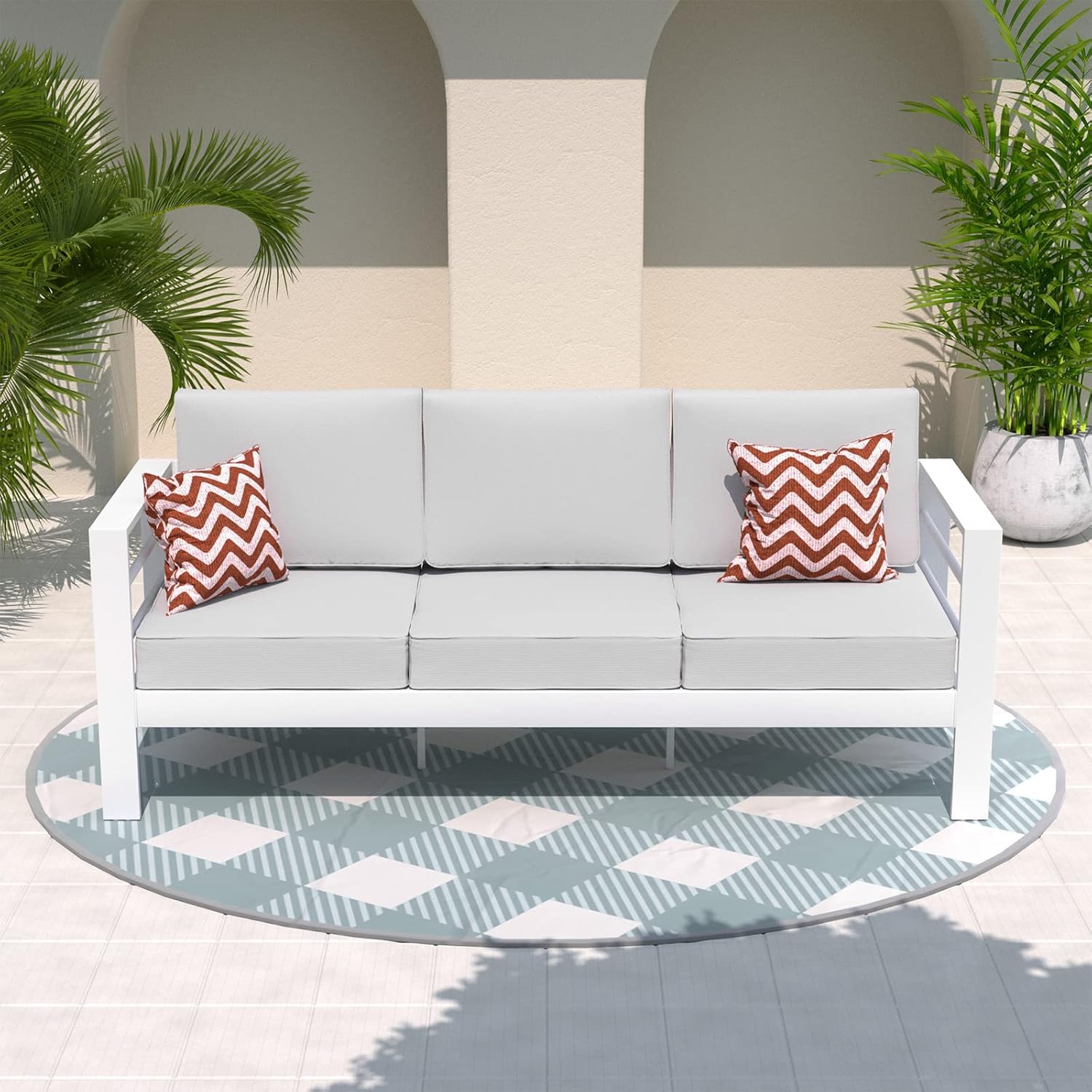 Amopatio Patio Furniture Metal Couch, 3-Seat All-Weather Modern Aluminum Outdoor Sofa Chair w/ 5 Inch Cushions, White and Light Grey (Include Waterproof Sofa Covers)