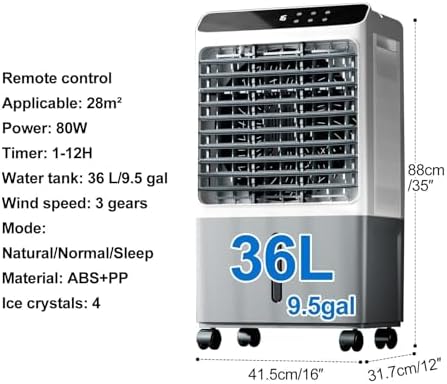 Swamp Cooler 3-in-1 Evaporative Air Cooler, 36L Tank, 60° Oscillation, 12H Timer, Remote Control – Portable Air Conditioner for Home, Office, Bedroom