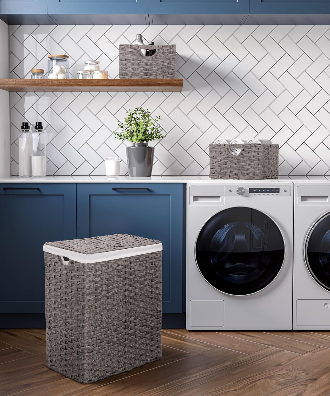 Seville Classics Premium Handwoven Portable Laundry Bin Basket with Carrying Handles, Household Storage for Clothes, Linens, Sheets, Gray, Rectangular Hamper