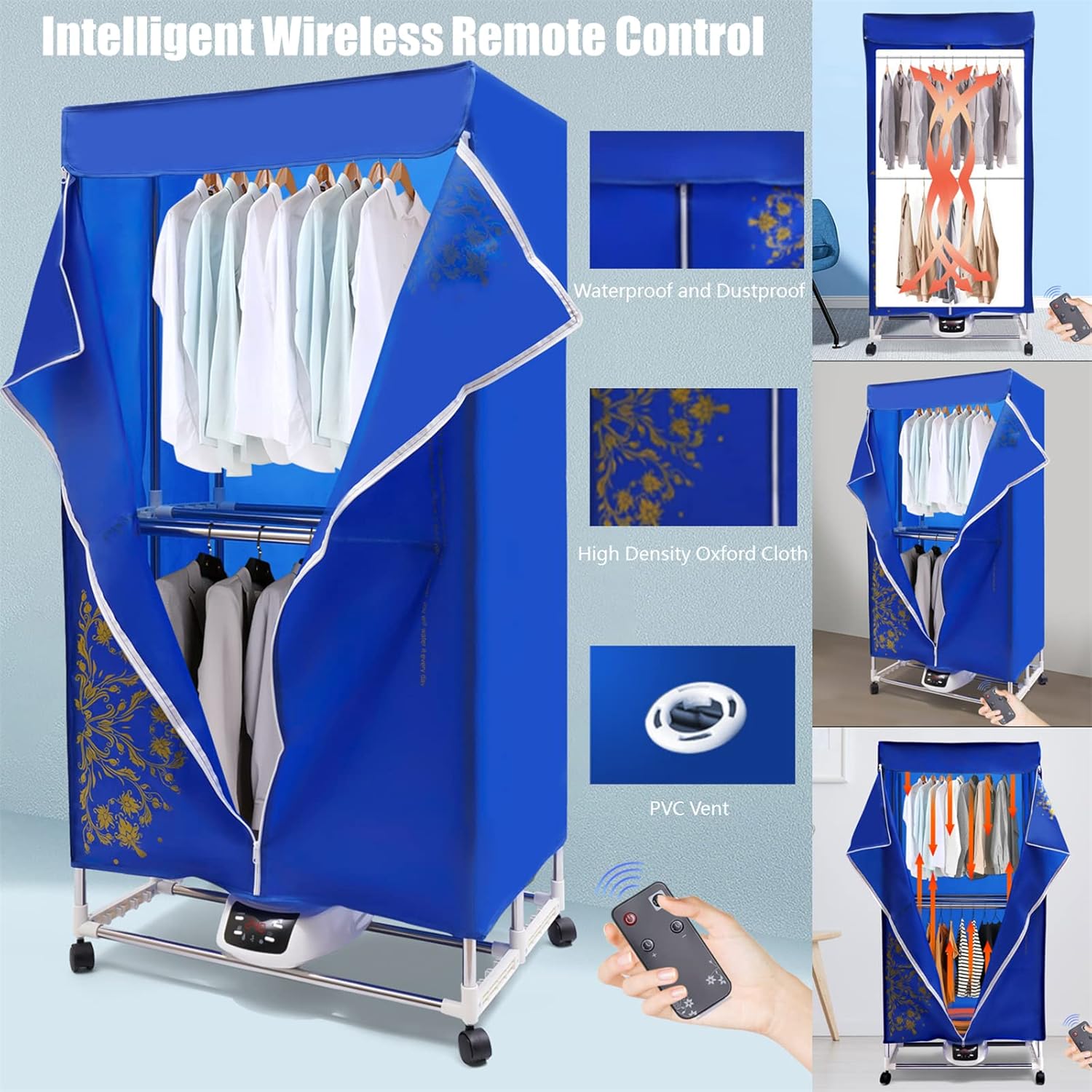 DYRABREST Folding Remote Control Plus Portable Clothes Dryer, Blue, 30kg Capacity, Stainless Steel, 1200-1500W, Front Load, DRYER