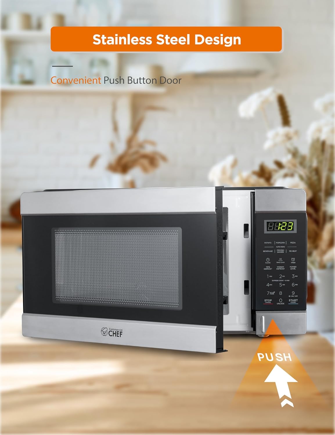 Commercial CHEF Countertop Microwave, 1.1 Cubic Feet, Black With Stainless Steel Trim