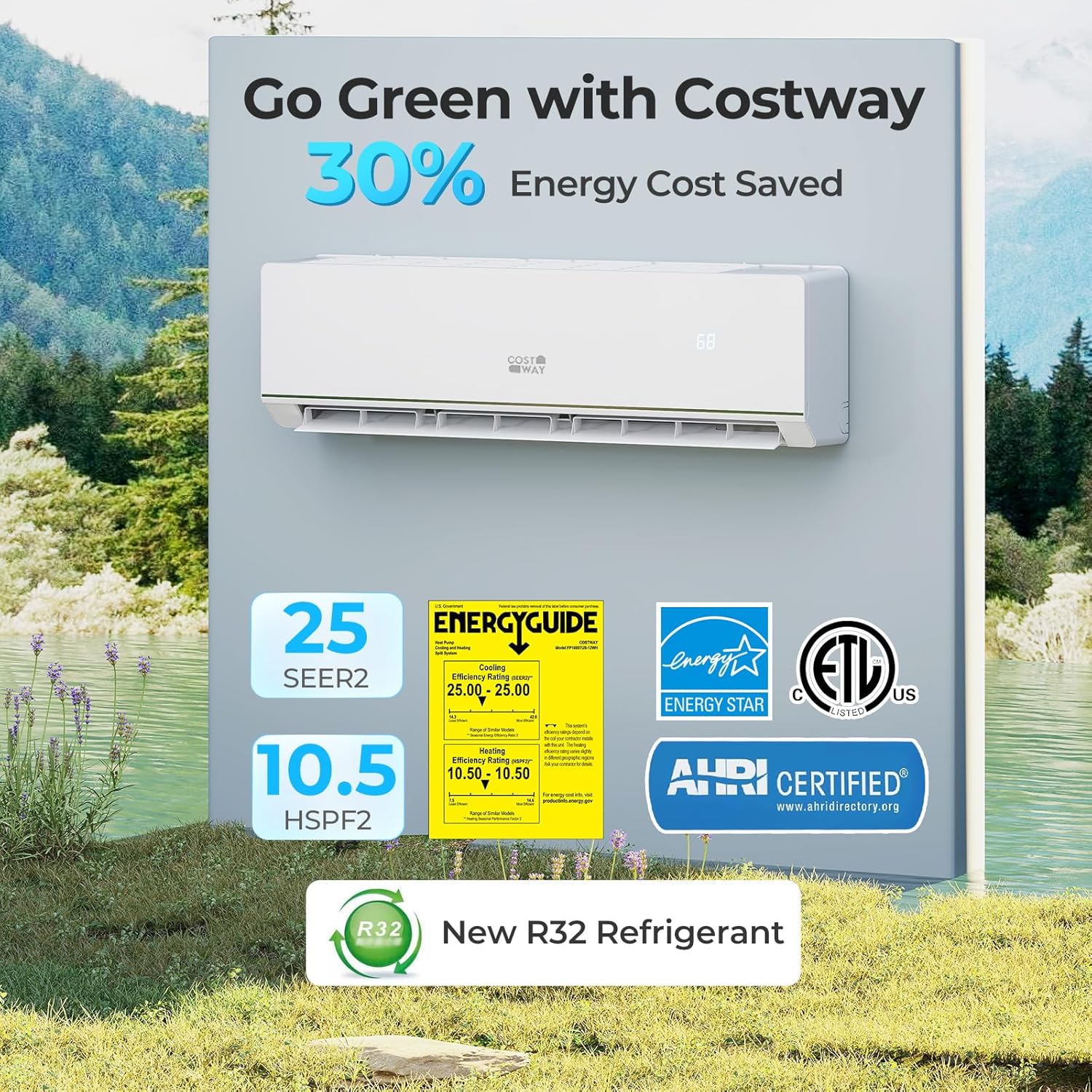 COSTWAY 18000 BTU Mini Split Air Conditioner & Heater, 208-230V WiFi Enabled 25 SEER2 Ductless Inverter AC Unit, Works w/Alexa, Cools Rooms Up to 1250 Sq.Ft
