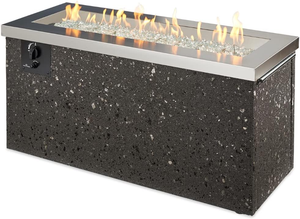 Outdoor GreatRoom Co Propane Fire Pit Table - Key Largo Gas Fire Pits for Outside Patio - 48 Inch Rectangular Stainless Steel Firepit Fire Table, Stucco Base, Glass Tabletop Cover, 80,000 BTU