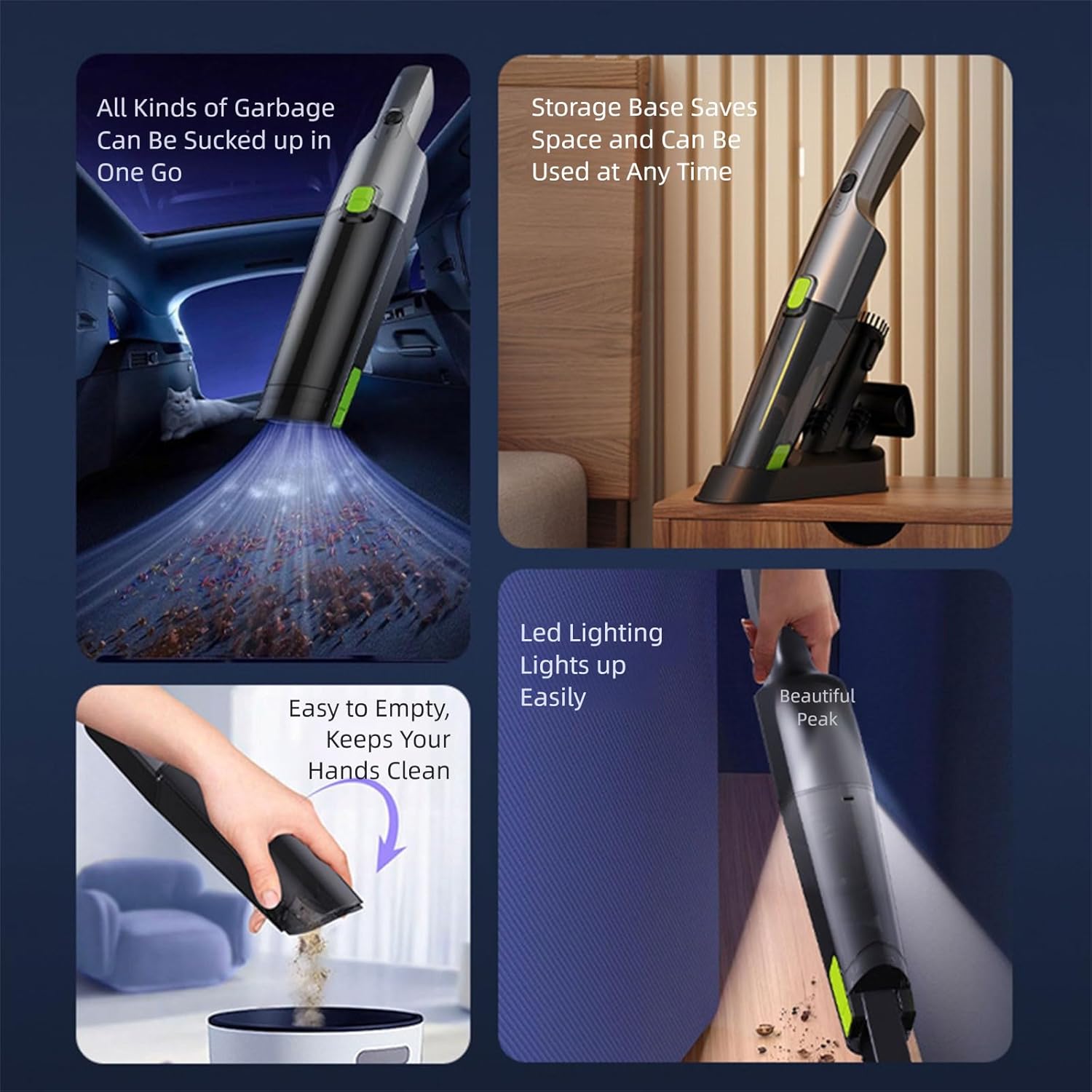 Handheld Vacuum Cleaner Cordless 6000Pa Suction with LED Light, Dual Speed Rechargeable Mini Vacuum for Home, Car & Pet Hair, Low Noise 44–55dB, Type-C Fast Charging, Lightweight 430g