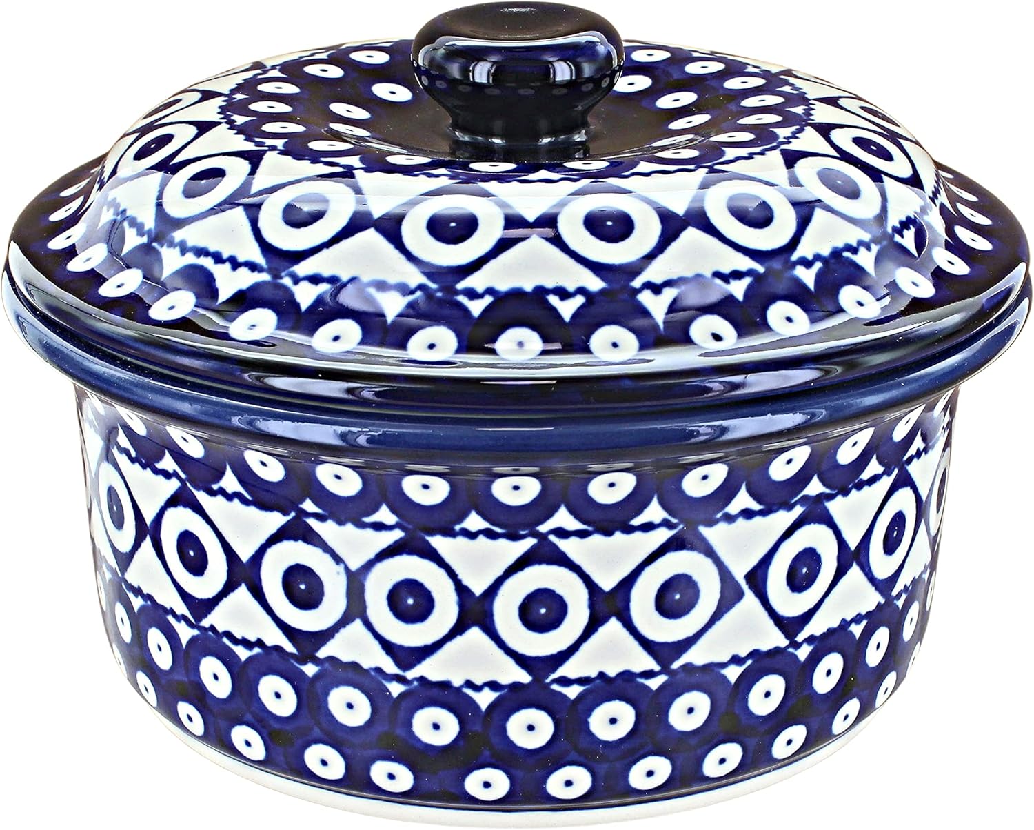 Blue Rose Polish Pottery - Blue Xandra Round Baker with Lid - 4 Cup Capacity - Unique, Dishwasher Safe, & Durable Bakeware