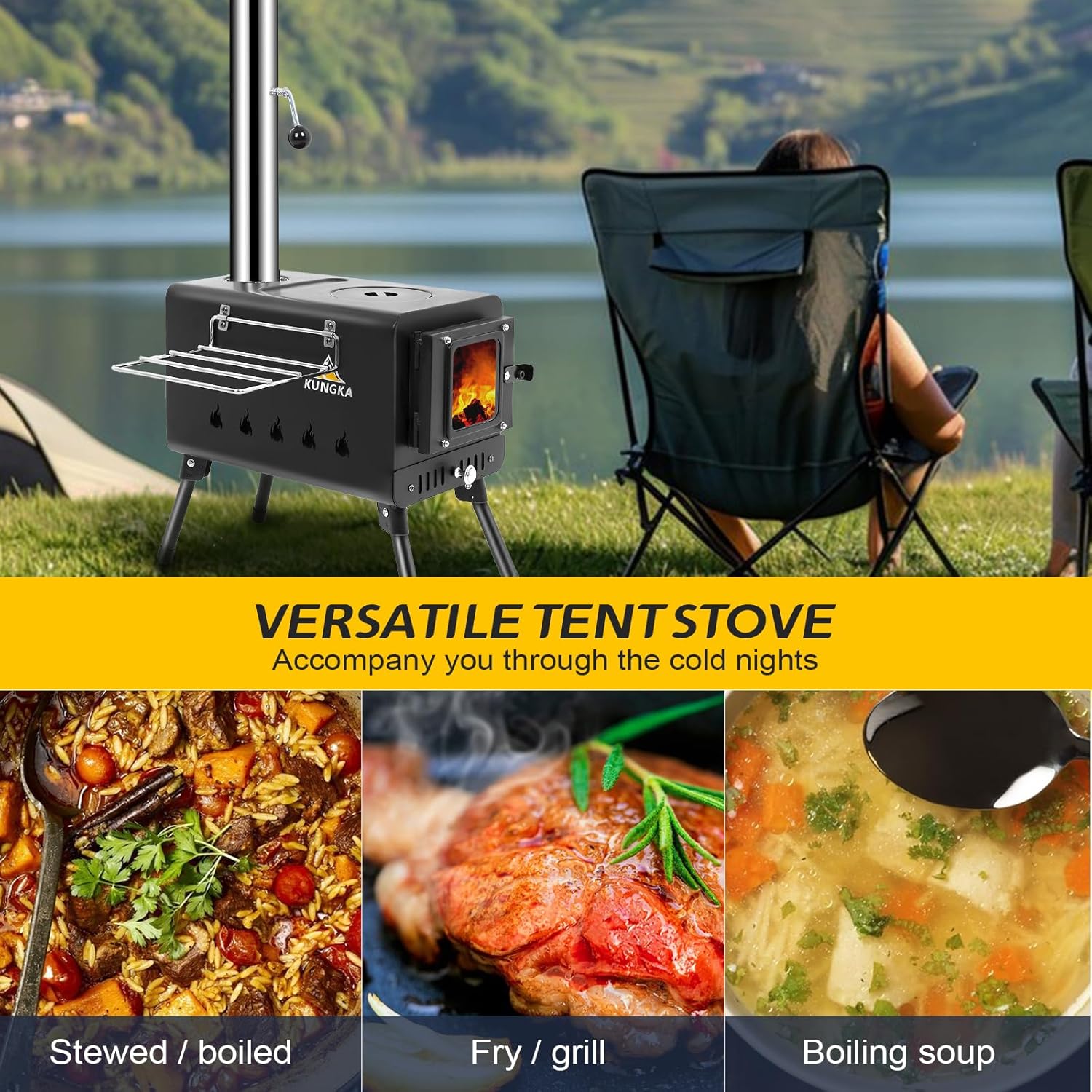 Black Wood Burning Tent Stove, 7 Section Stainless Steel Chimney, Portable Hot Tent Stove for Camping, Hunting, Ice Fishing