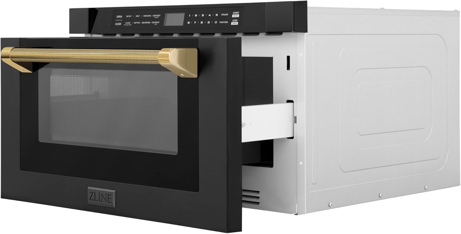 ZLINE Autograph Edition 24 in. 1.2 cu. ft. Built-in Microwave Drawer in Black Stainless Steel and Polished Gold Helix Handle (MWDZ-1-BS-H-KG)