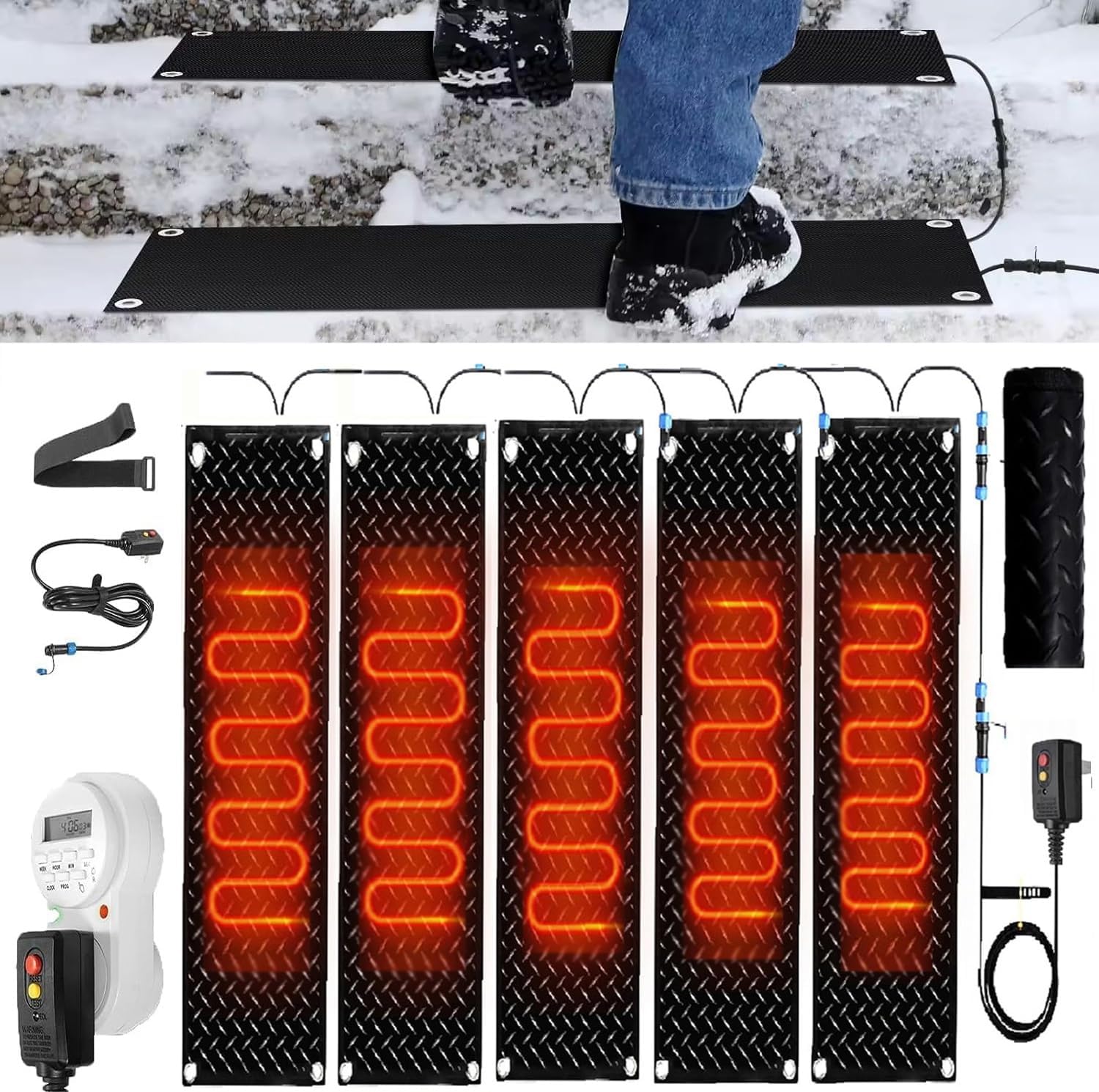 Snow Melting Mats with Timer, 1/2/3/4/5 Pcs Non Slip Heated Mat for Entrances Electric Heated Floor mat Snowmelt Heated Walkway Mats for Winter Snow Removal Stair Sidewalk Heated(5 Pcs,10x48in