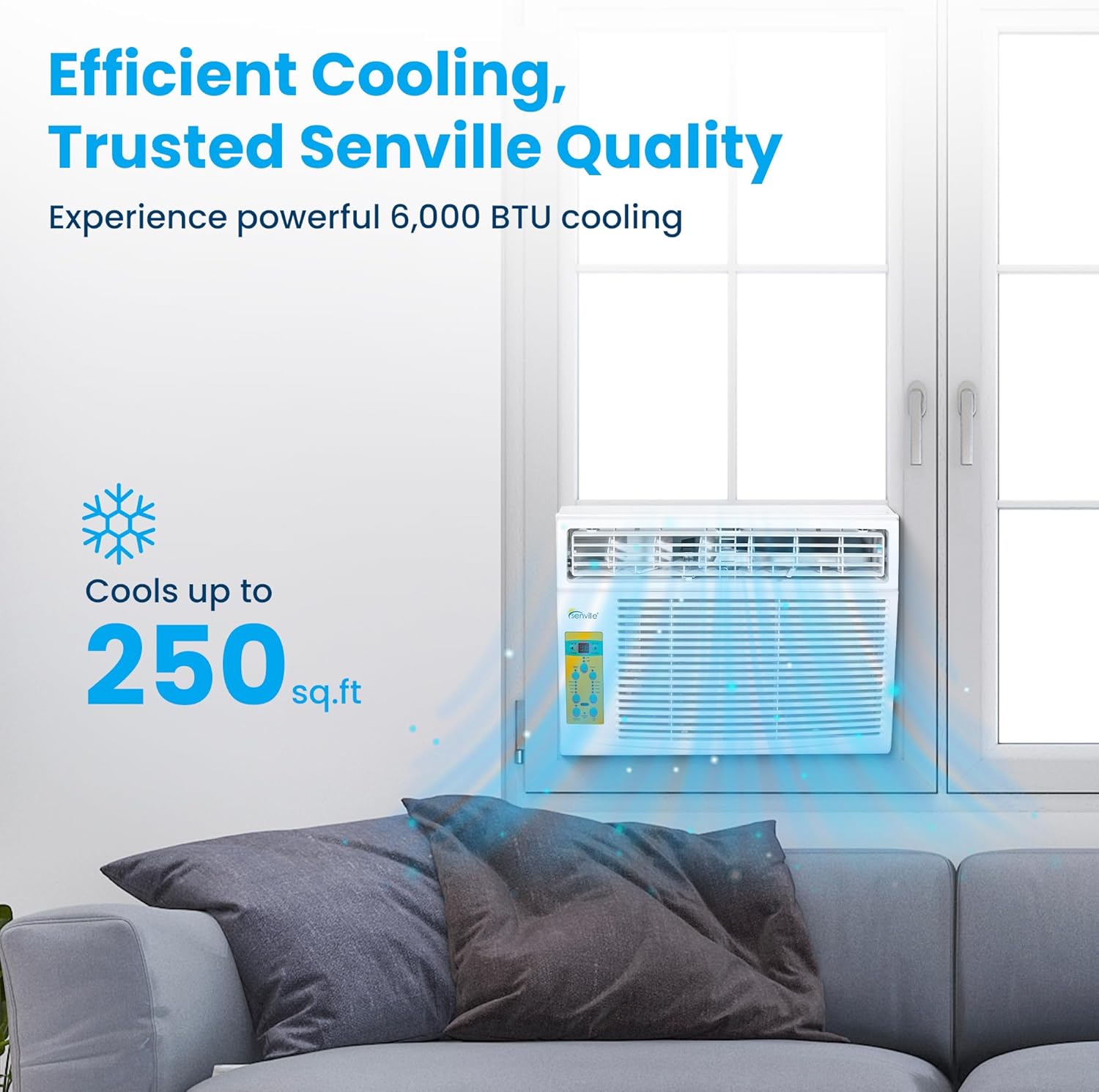 Senville 6,000 BTU Window Air Conditioner, Cools Up to 250 Sq. Ft., Easy to Use, Washable Filter