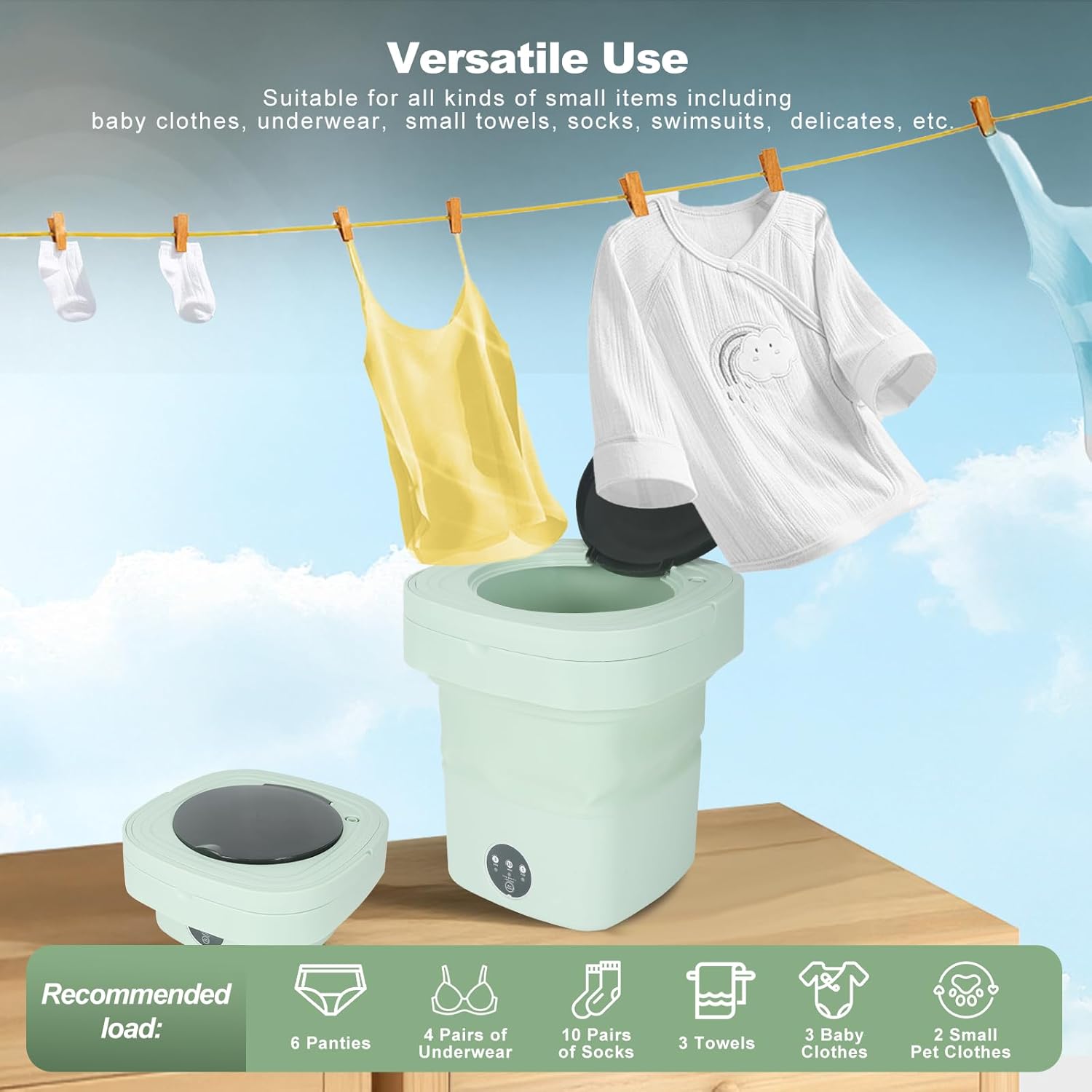 Mini Portable Washing Machine, 9L Foldable Washer with 3 Modes, Ideal for Baby Clothes, Underwear, Socks, Space-Saving Design for Home, Apartment, Hotel, Camping & Travel (Green)