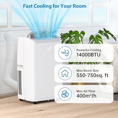 Acekool 14,000 BTUs Portable Air Conditioners with Remote Control, Cools Room up to 750 sq.ft., 3-in-1 Portable AC Unit with Dehumidifier & Fan, Smart/Sleep Mode, 24H Timer