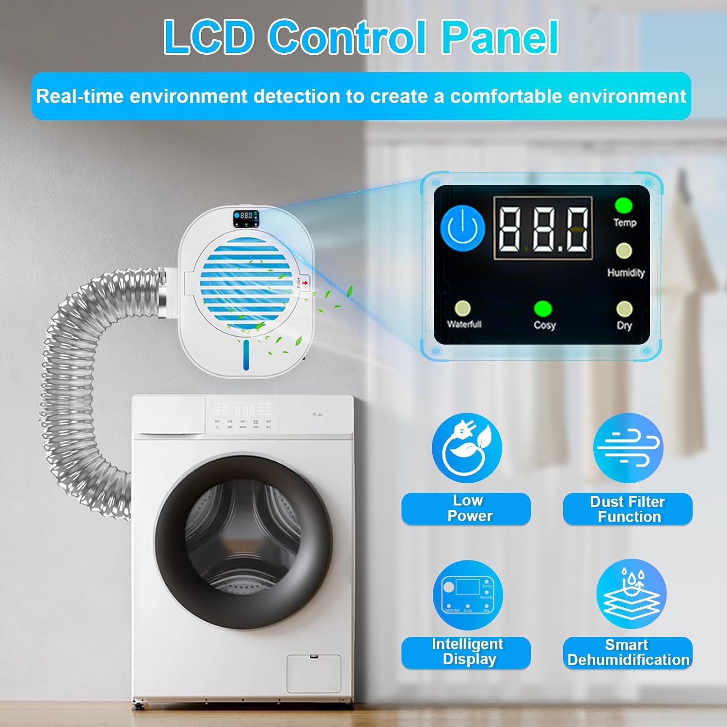 Upgrade 4-in-1 Indoor Dryer Vent Box With Dehumidifier for Protect Furniture, Electric Dryer Kit, Lint Trap, Intelligent Temperature and Humidity Display