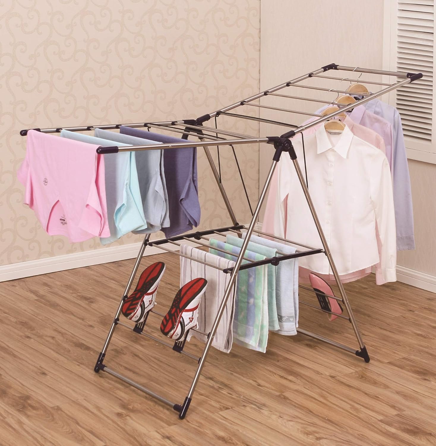 EZHOME Large Foldaway Laundry Rack, Heavy Duty, Collapsible, Space-Saving Storage, Stainless Steel, Indoor/Outdoor