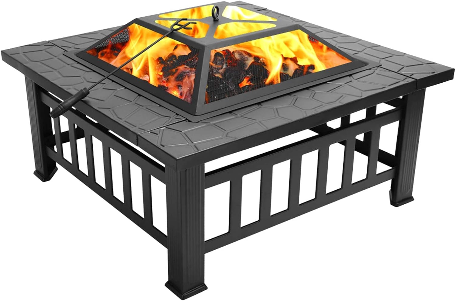 32 inch Outdoor Square Metal Firepit Backyard Patio Garden Stove Wood Burning BBQ Fire Pit with Grilling Net,with Dust Cover, with Poker Four-Corner Brazier