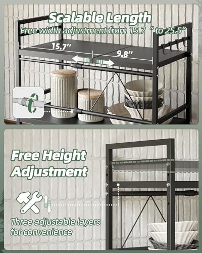 NETEL 2 Pcs Expandable Microwave Stand,3 Tier Metal Kitchen Countertop Organizer Shelves with 8 Hooks,Bakers Rack,Microwave Shelf,Microwave Oven Rack,110lbs Weight Capacity,Black