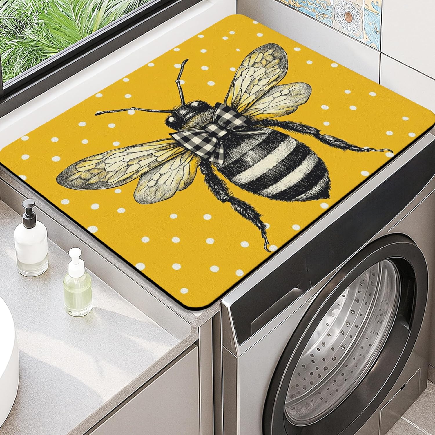 Bee Themed Washer Dryer Top Protector Mat, Vintage Illustrated Bee Laundry Machine Cover, Yellow Seasonal Dust Proof Rubber Anti-slip Waterproof Mats for Laundry Room 20x24 Inch