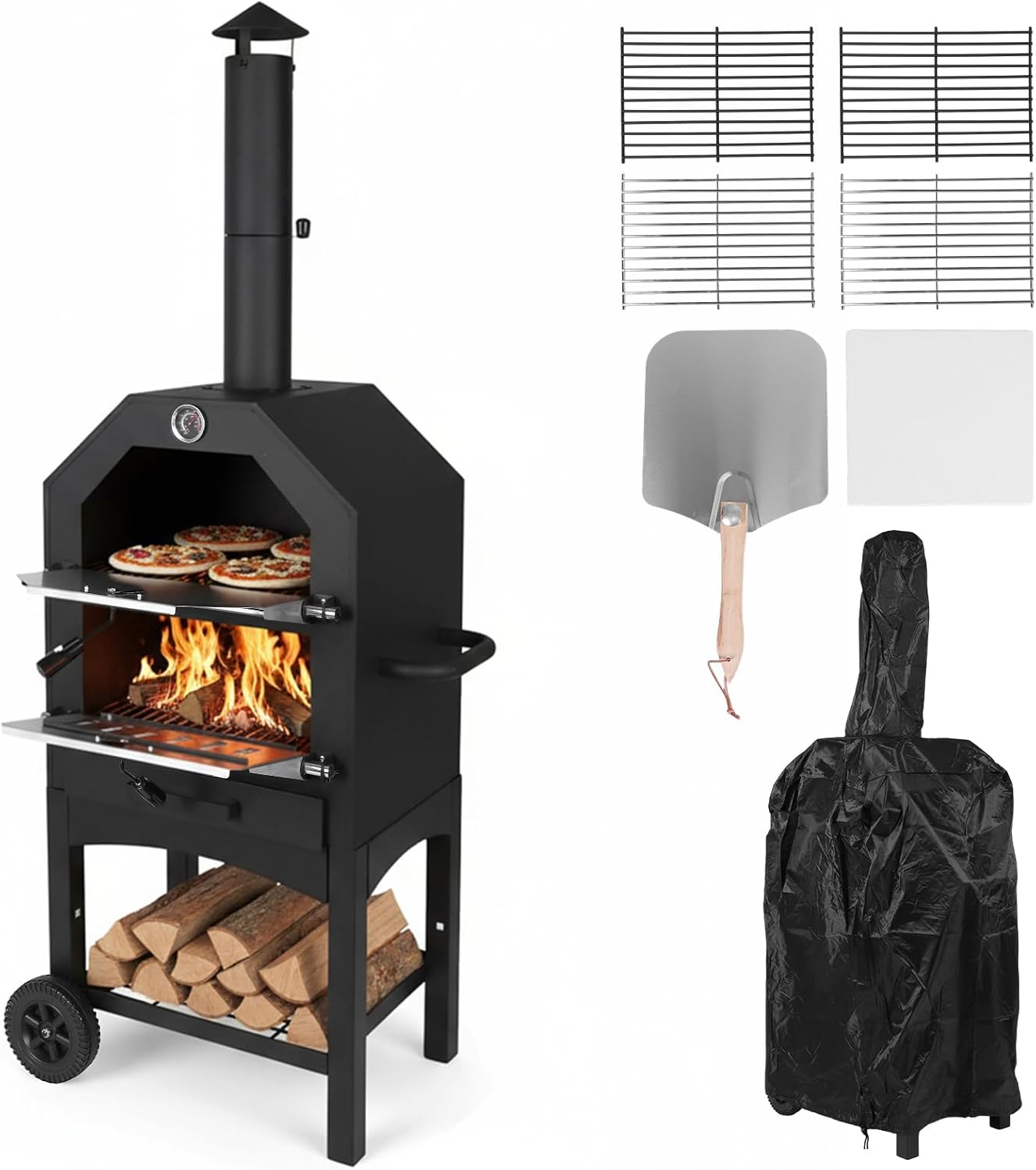 Outdoor Wood Fired Pizza Oven w/Firewood Storage, 2-Tier Freestanding Charcoal Pizza Oven with Chimney Wheels Large Stainless Steel Pizza Oven for Backyard Camping Tailgating