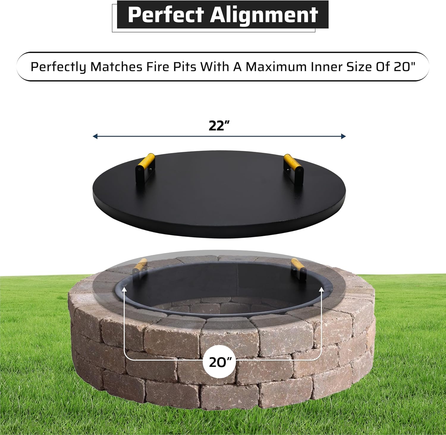 22” Round Fire Pit Lid – Heat Resistant fire pit cover round metal for Outdoor Fireplace 16 Gauge Steel Flat Fire Pit Burner Pan Cover with 2 Wooden Handles Snuffer Lid for Round Patio Fire Pit Ring