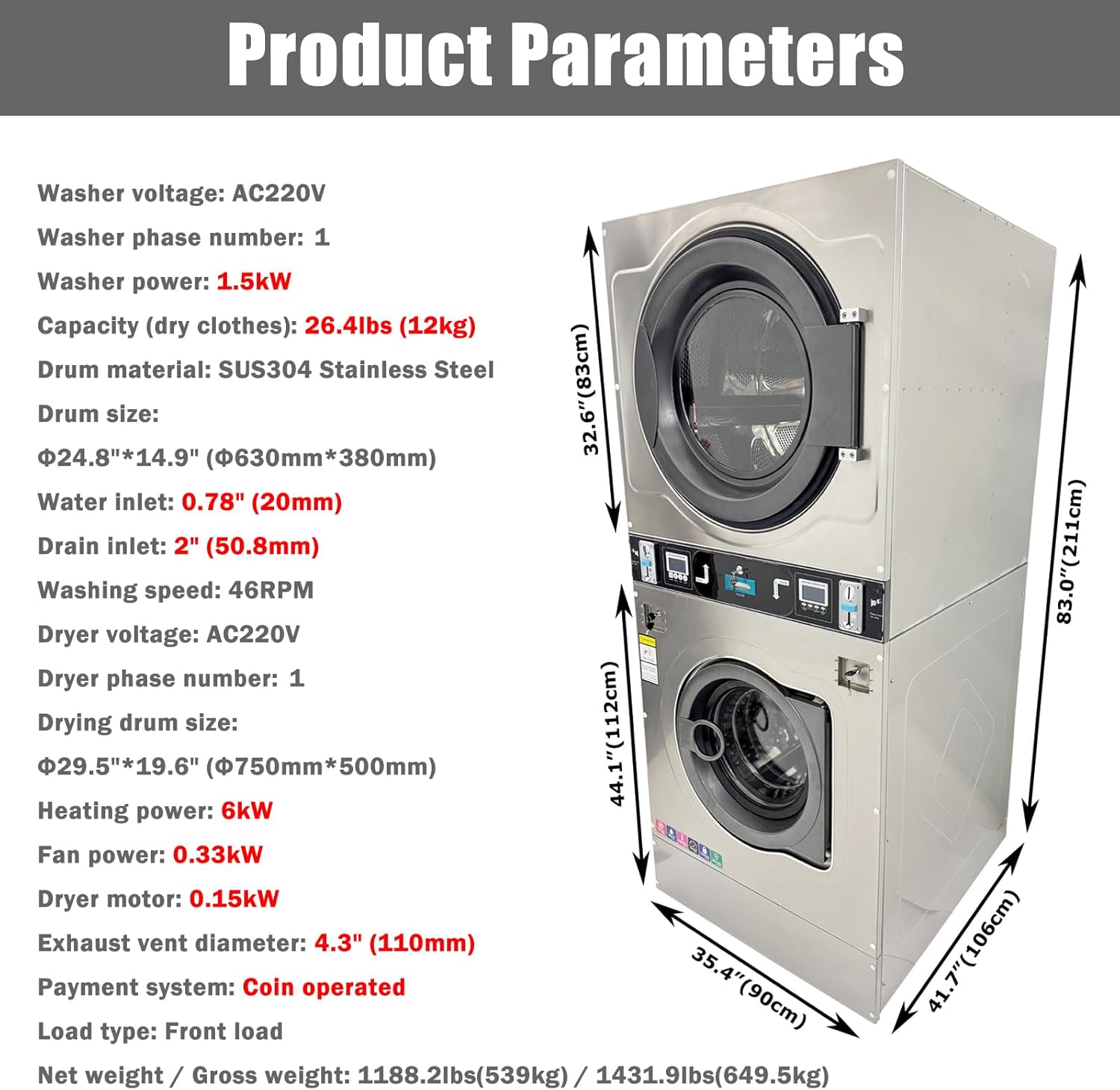 Coin Operated Washer Dryer Combo Commercial Stacked Washing Drying Machine for Laundromats Apartment Laundry Rooms Hotels 12kg Dry Clothes Capacity 220V 1PH