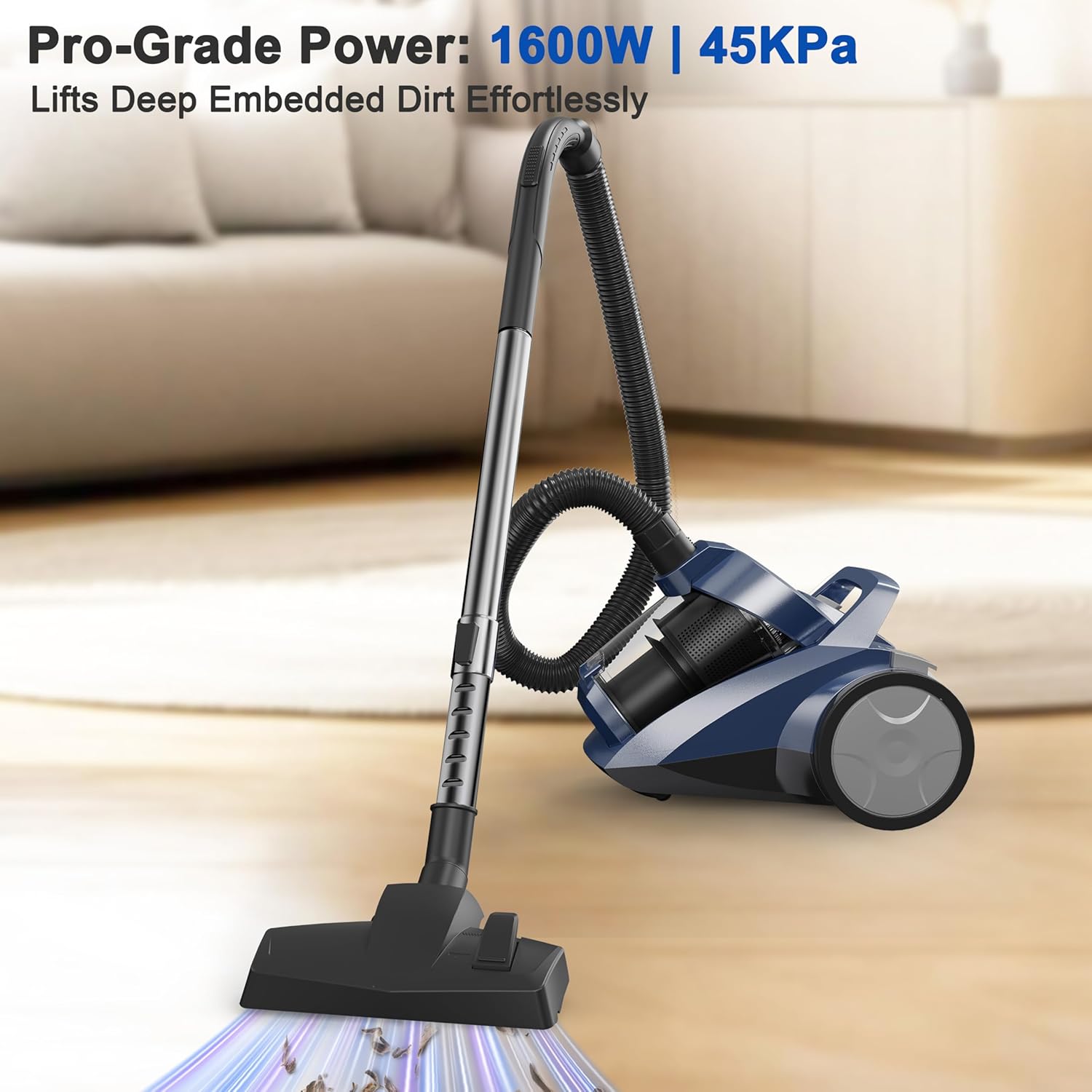 Canister Vacuum Cleaner 45KPa Power Bagless Canister Vacuums for Home with 5 Tools 4.5QT Dust Cup Double HEPA Filter Lightweight Multi-Surface Vacuum Cleaners for Carpet Hard Floor Pet Hair