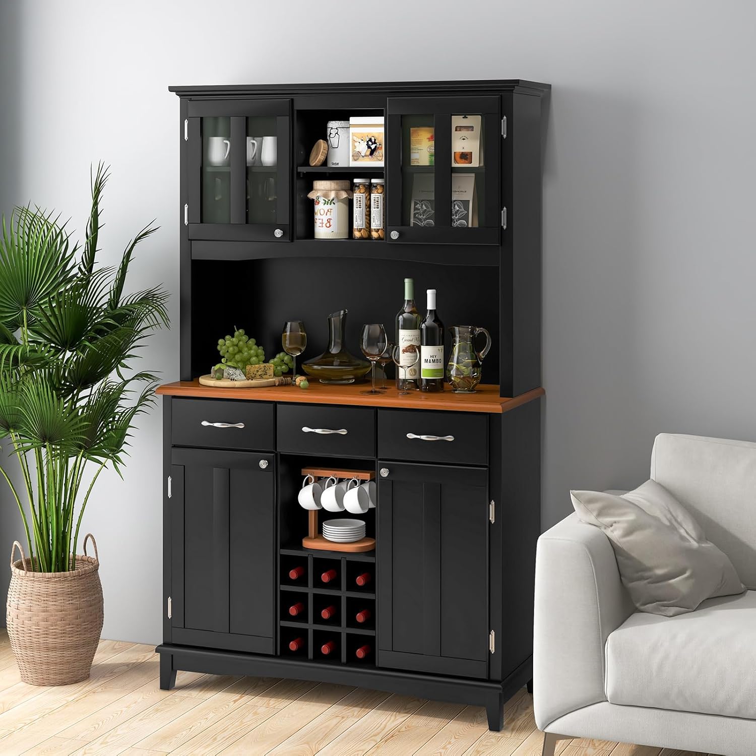 72.5” Buffet with Hutch, Freestanding Pantry Storage Cabinet with Drawers, Adjustable Shelves, Wine Grids, Microwave Countertop, Kitchen Cupboard for Dining Room, Living Room (Black)