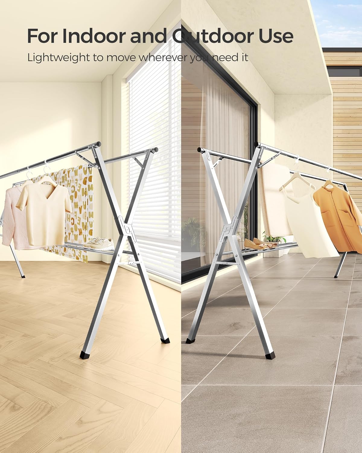 SONGMICS Clothes Drying Rack, Heavy-Duty Laundry Drying Rack, 56.3-93.7 Inches Extendable, Foldable Freestanding Airer, Stainless Steel, for Indoor Outdoor Use, Dove Gray ULLR903E01
