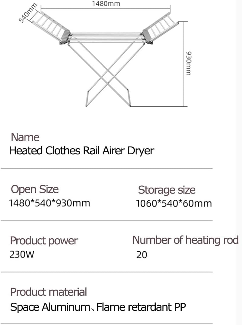 20 Bars Heated Clothes Dryer Folding,Heated Clothes Rail Airer Dryer with Wings,Energy-Efficient Electric Clothes Drying Rack for Home