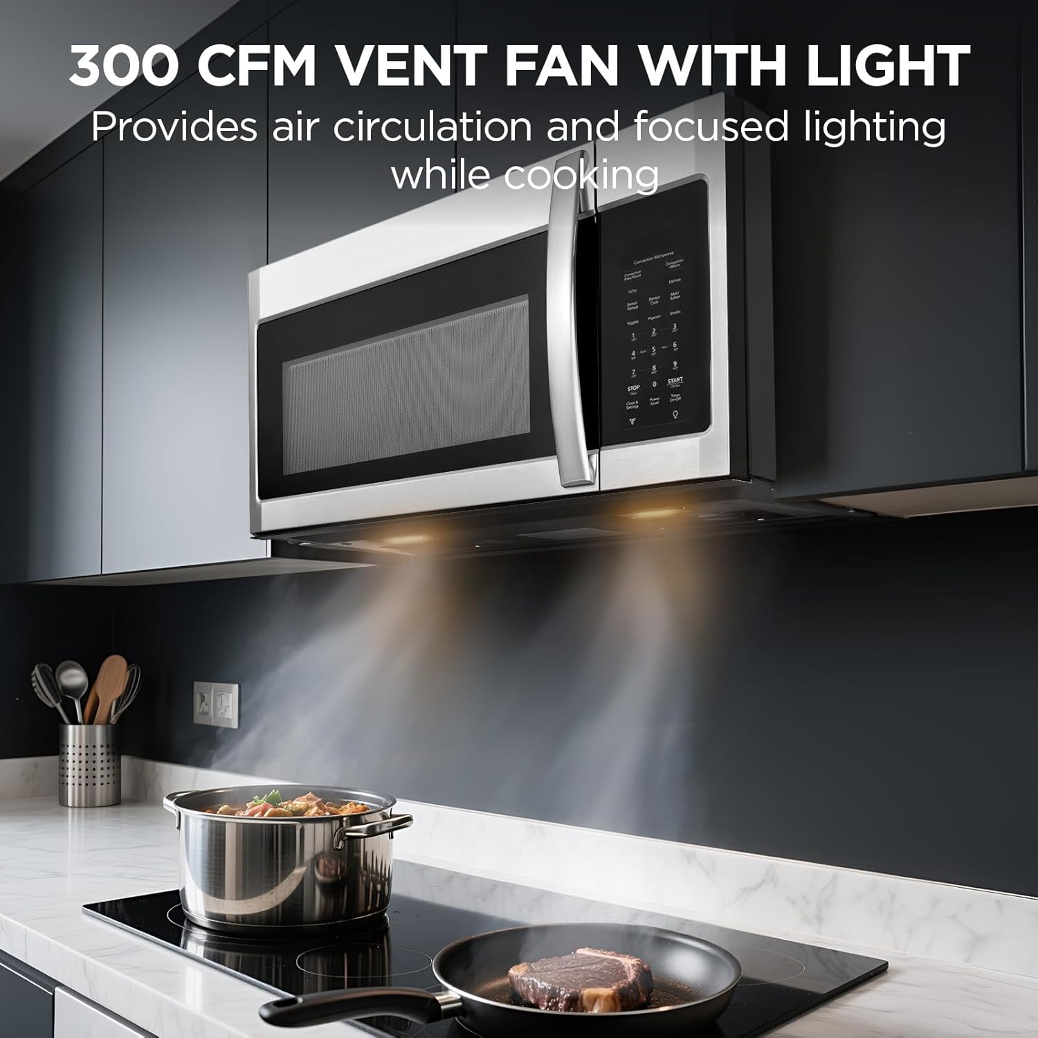 BLACK+DECKER Over the Range Microwave Oven with Air Fryer, Convection, and Bake Modes, 1.5 cu.ft., Stainless Steel, 900 Watts, EC942K6CE-SS