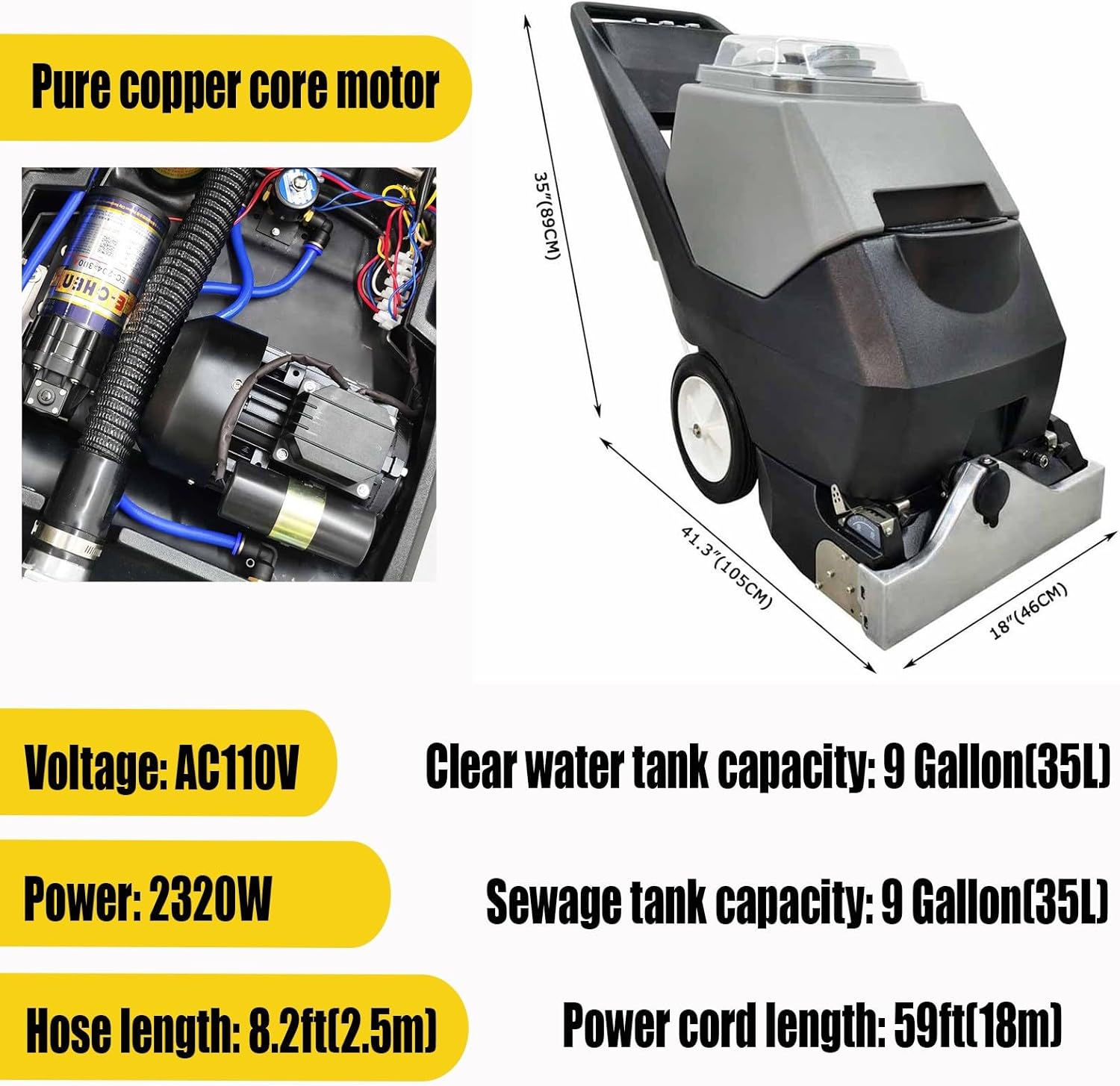110V Commercial Carpet Cleaning Machine, 9 Gal/35L Double Water Tank Professional 3 in 1 Carpet Steamer, 2320W Hand Pushed Vacuum Extractor Cleaner