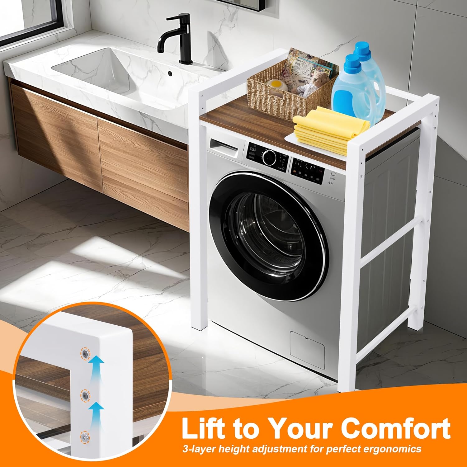 Washer Dryer Stacking Rack, 660lbs Capacity Heavy Duty Washer and Dryer Stacking Stand, 3 Adjustable Height Washing Machine Shelf for Compact Apartment, Laundry Rooms, Bathrooms and RV (White)