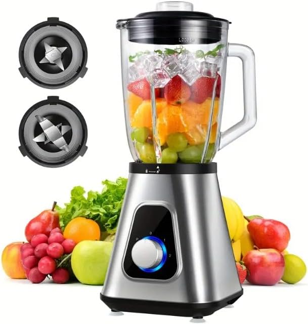 Professional Countertop Blender with Glass Jar, 2 Interchangeable Blades, Variable Speed Control, Silver