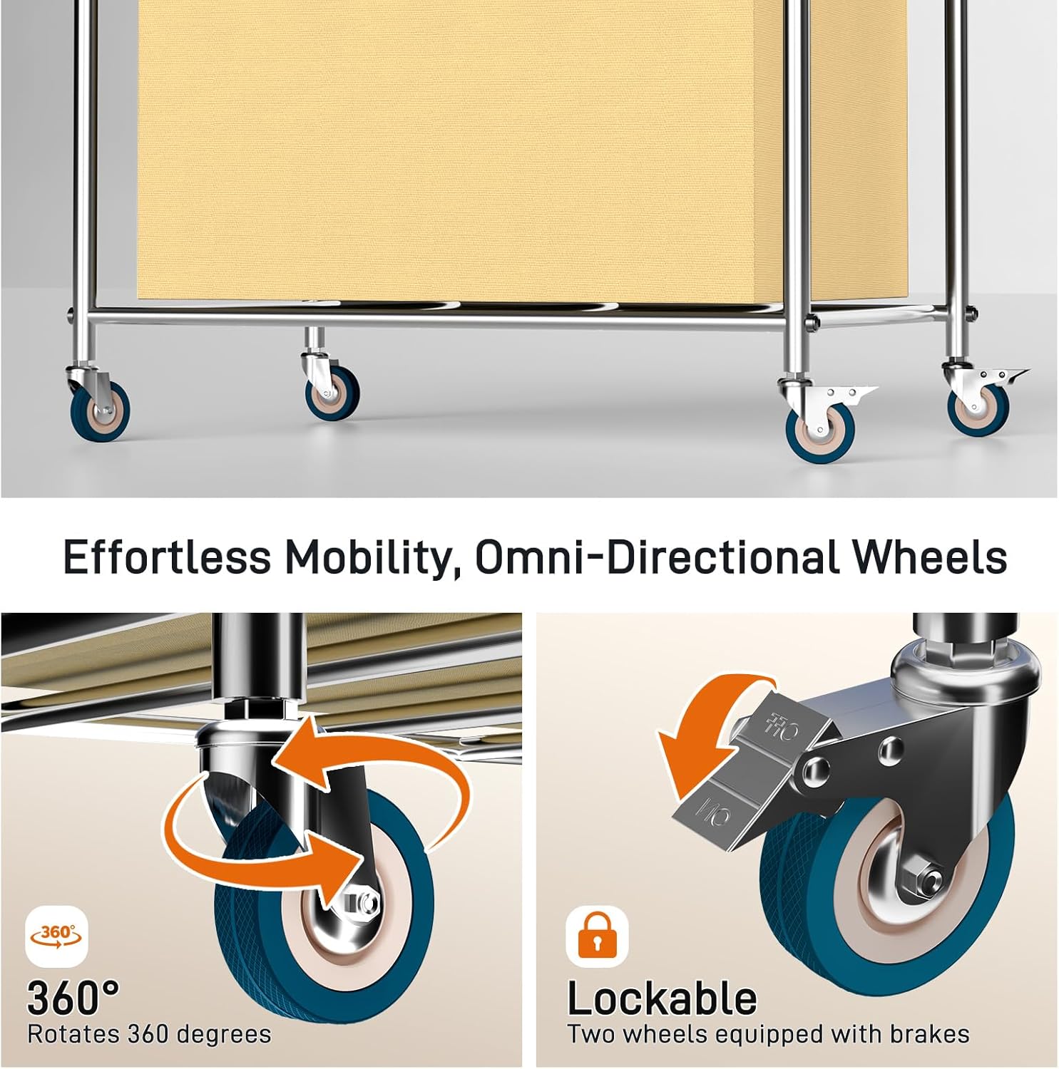 Commercial Laundry Cart with Wheels, 400L Heavy Duty Laundry Cart on Wheels for Home & Hotel, Waterproof Oxford, Sturdy Steel Frame, Easy to Install(Beige)