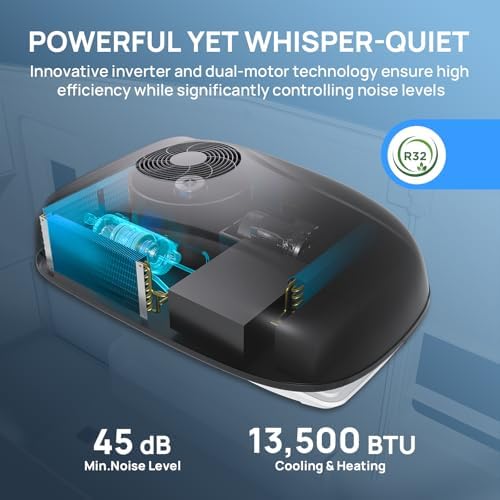 TURBRO Inverter 13.5K BTU RV Air Conditioner with Cooling and Heat Pump | Non-Ducted Low-Profile Rooftop Unit | Quiet Operation | WiFi & Remote Control | LED Atmosphere Light, Black