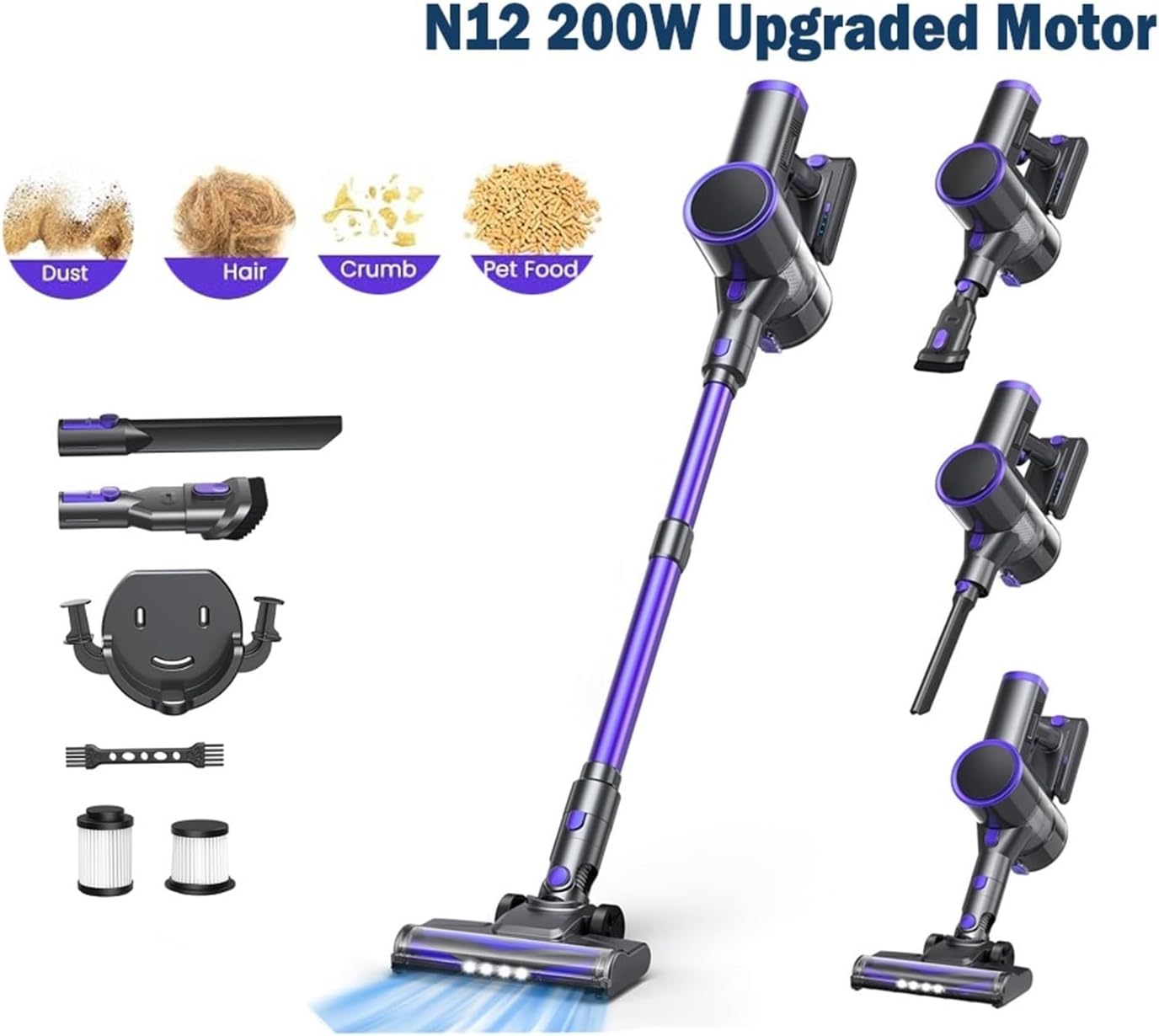 N12 Cordless Vacuum Cleaner | 200W Motor | Ultra Lightweight | 6-in-1 Handheld & Stick | Up to 45Mins Runtime | for Carpet & Hard Floor​(N12 Purple)