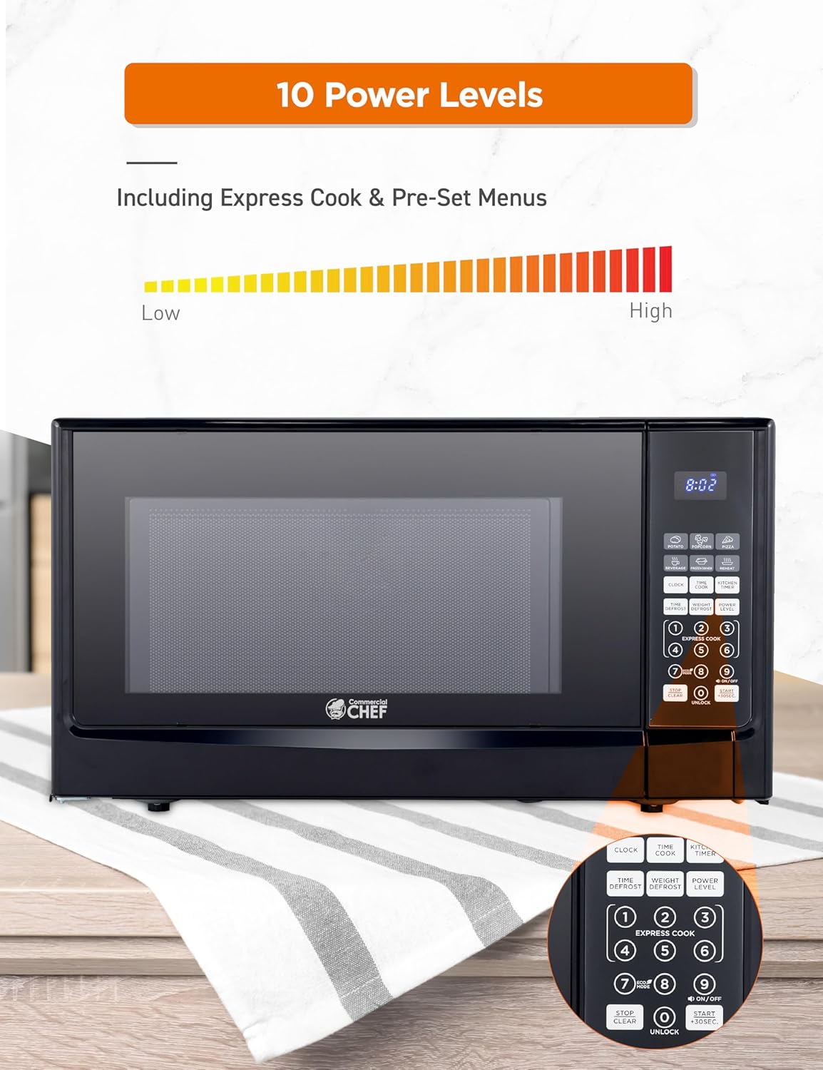 COMMERCIAL CHEF 1.4 Cubic Foot Microwave with 10 Power Levels, Small Microwave with Push Button, 1100 Watt Microwave with Digital Control Panels, Countertop Microwave with Timer, Black