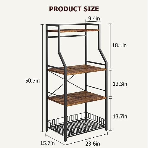 IDEALHOUSE Kitchen Bakers Rack, Microwave Oven Stand with Large Wire Basket, Industrial Coffee Bar Station, 4-Tier Kitchen Utility Storage Shelf with 8 Hooks for Spice, Pots Organizer, Rustic Brown