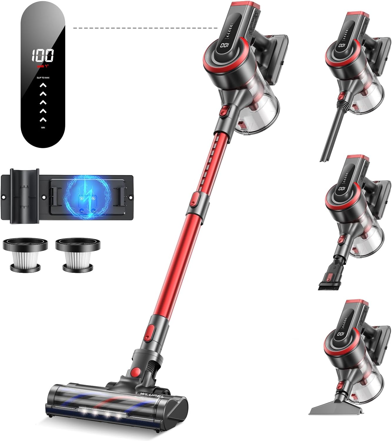 WLUPEL Cordless Vacuum Cleaner, 450W/38Kpa Vacuum Cleaners for Home with LED Screen, Up to 55 Mins Runtime, 1.2L Dust Cup, Anti-Tangle Stick Vacuum for Pet Hair Carpet and Hardfloor