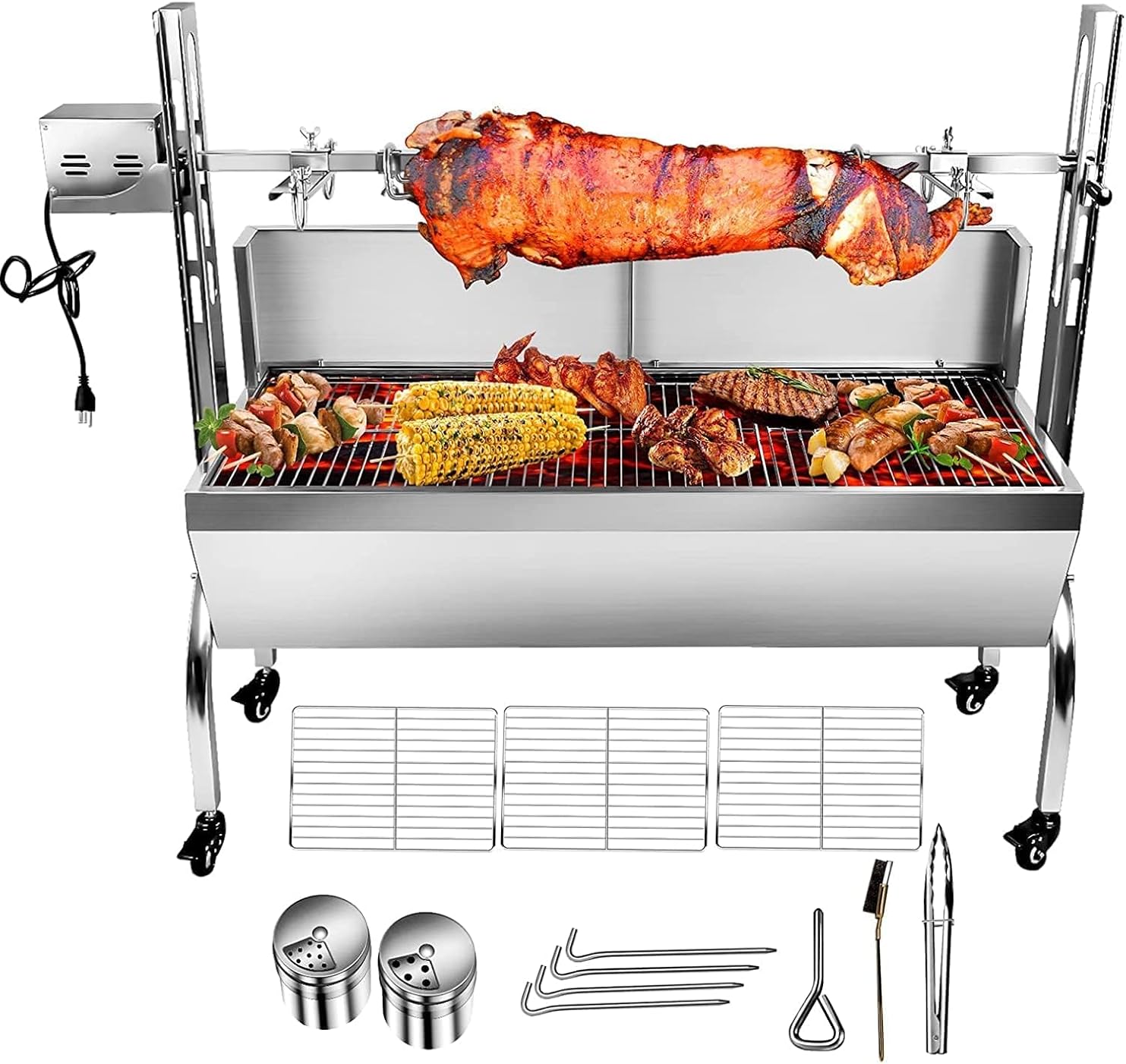 stainless steel rotisserie grill with back cover guard, 25w motor small pig lamb rotisserie roaster, 48.7'' 2 in 1 bbq charcoal rotisserie grill for camping outdoor kitchen (88LBS with baffle)