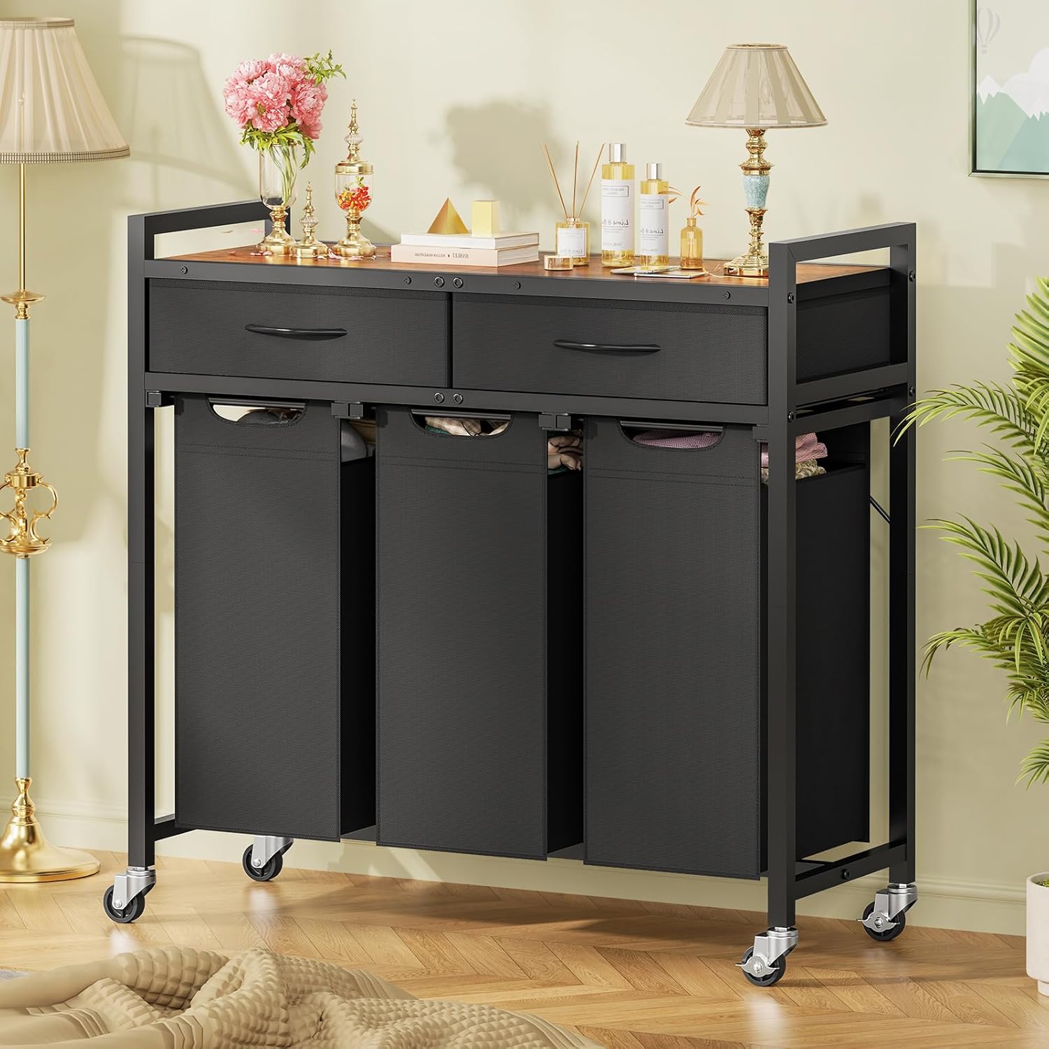 Laundry Sorter 3 Section, 120 L Laundry Hamper with 2 Drawers & 2-tone Top Panel, Rolling Laundry Basket Organizer with Pull-Out Removable Oxford Fabric Bags for Laundry Room Organization