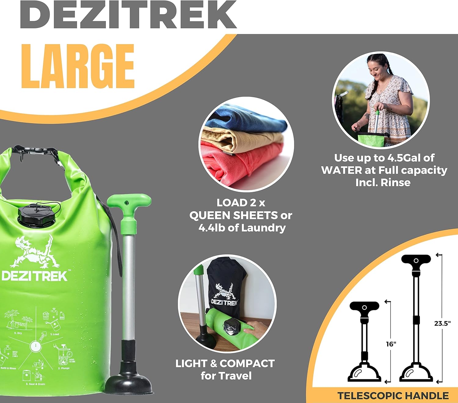 One Hand Wash Bag and Plunger Set - Off Grid Washing Machine Non Electric for Camping Travel | Eco Friendly Portable Manual Clothes