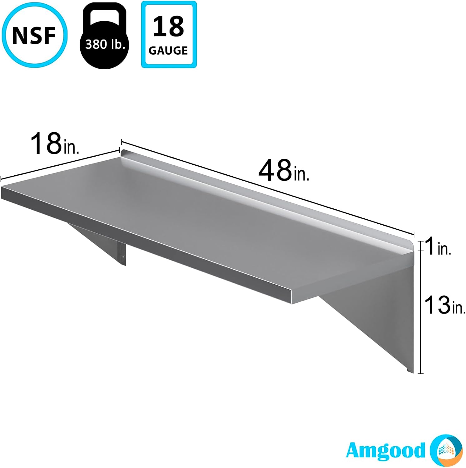 AmGood 18 in. x 48 in. Stainless Steel Wall Shelf with Squared Edge | NSF Certified | Appliance & Equipment Metal Shelving | Kitchen, Restaurant, Garage, Laundry, Utility Room