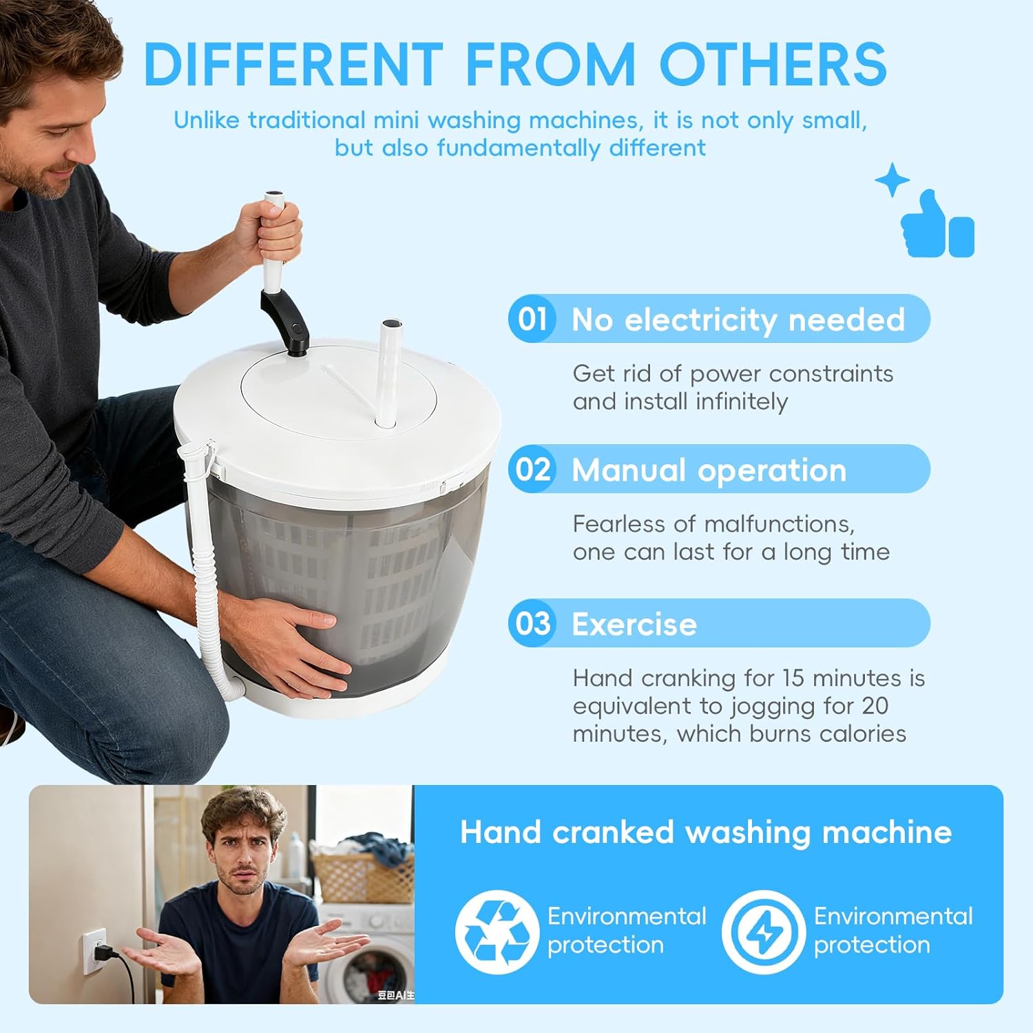 2‑in‑1 Hand Crank Washing Machine & Spin Dryer, Mini Portable Washing Machine, For Travel, Dorm, Camping, No Power Needed, Suction Cup Base, 2kg Capacity, Energy‑efficient (1)