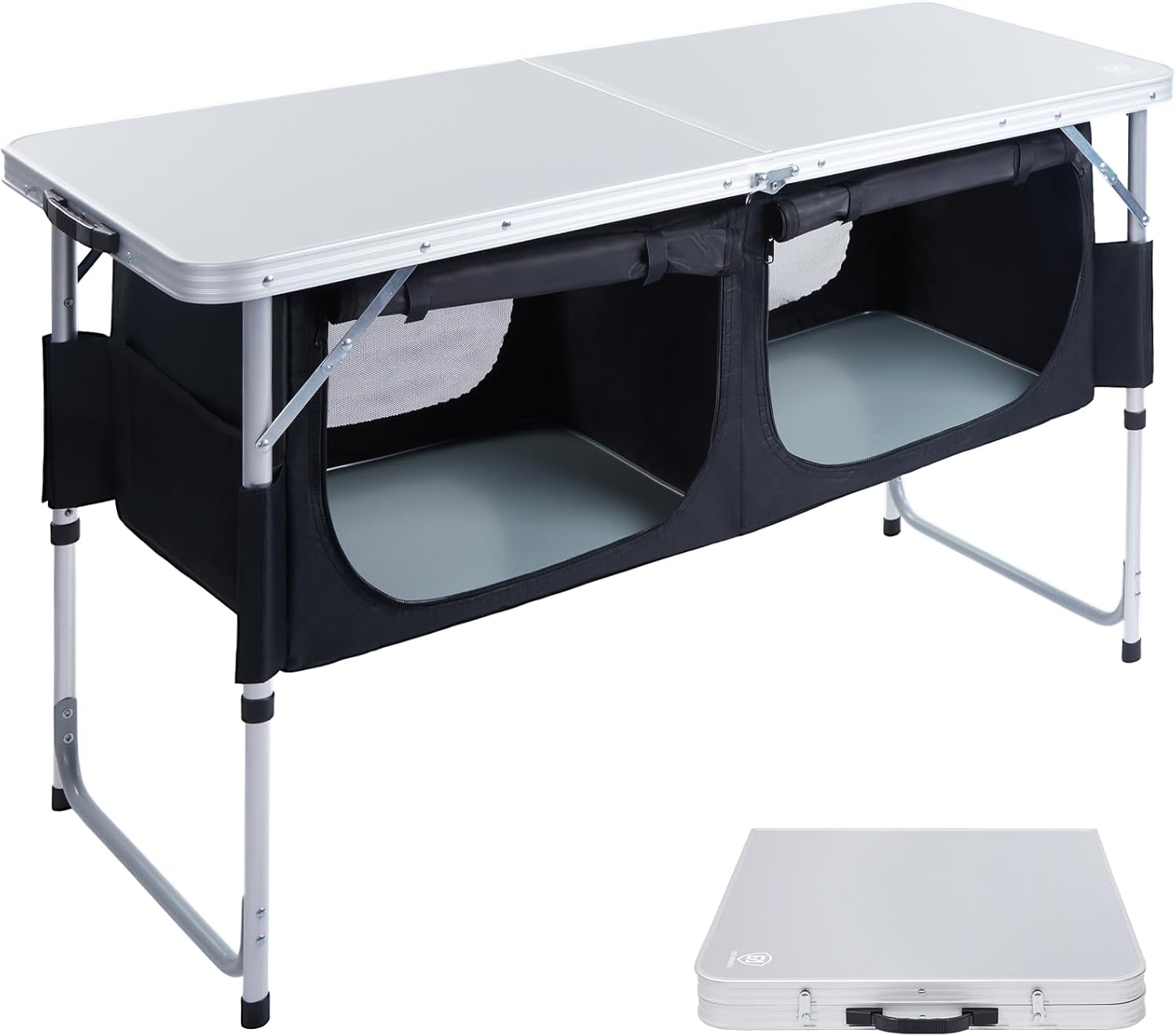 EVER ADVANCED Folding Camping Table with Storage, 4 ft * 2 ft Aluminum Composite Desktop & Adjustable Legs, Outdoor Kitchen Table for Tailgating, Backyard, BBQ and Picnic