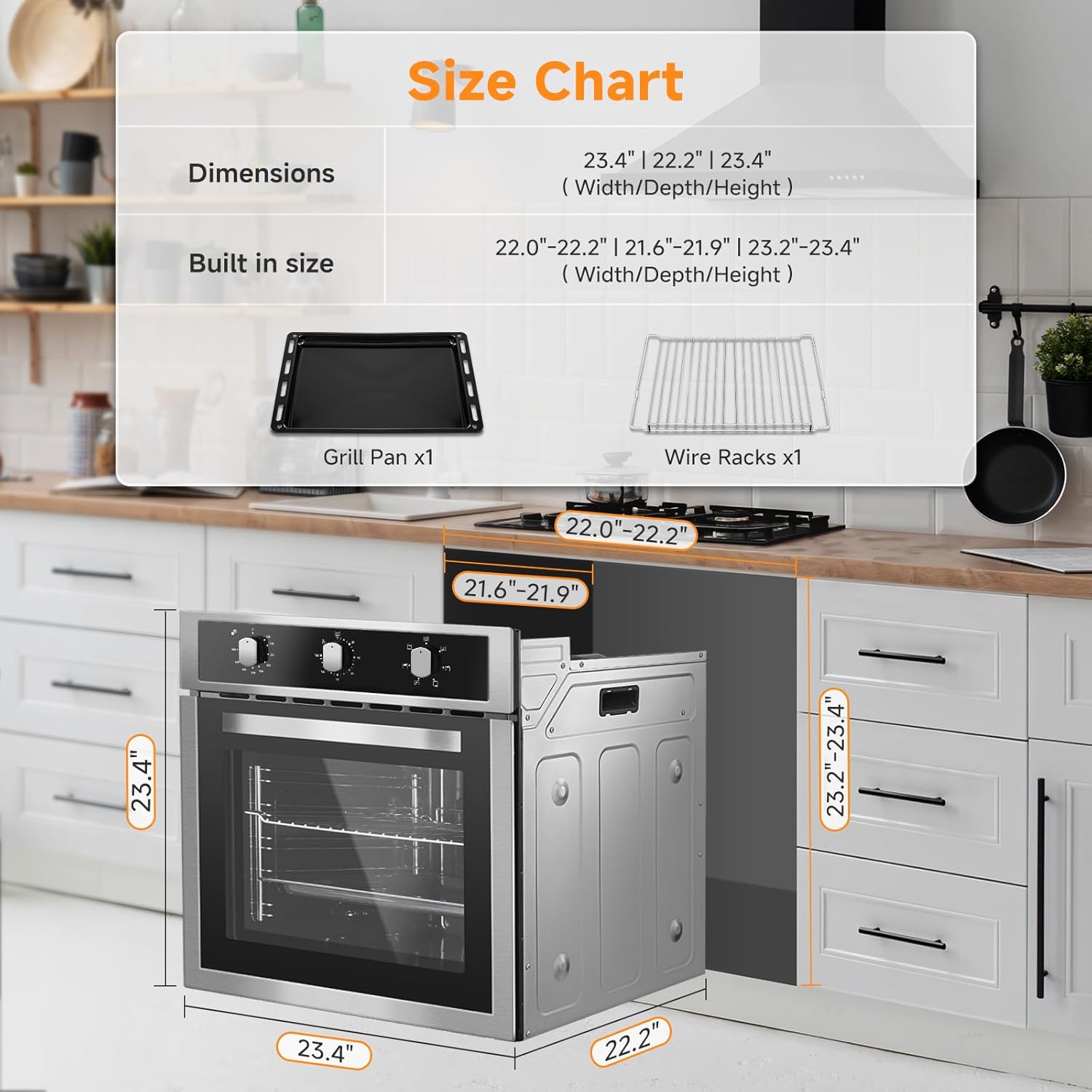 Wall Ovens 24 inch Electric, AMZCHEF 24 inch Wall Oven, 2200w Single Wall Oven with 6 Cooking Modes, 2.5 Cu.Ft. Electric Wall Oven, Convection Oven with Mechanical Knobs Control, Stainless Steel