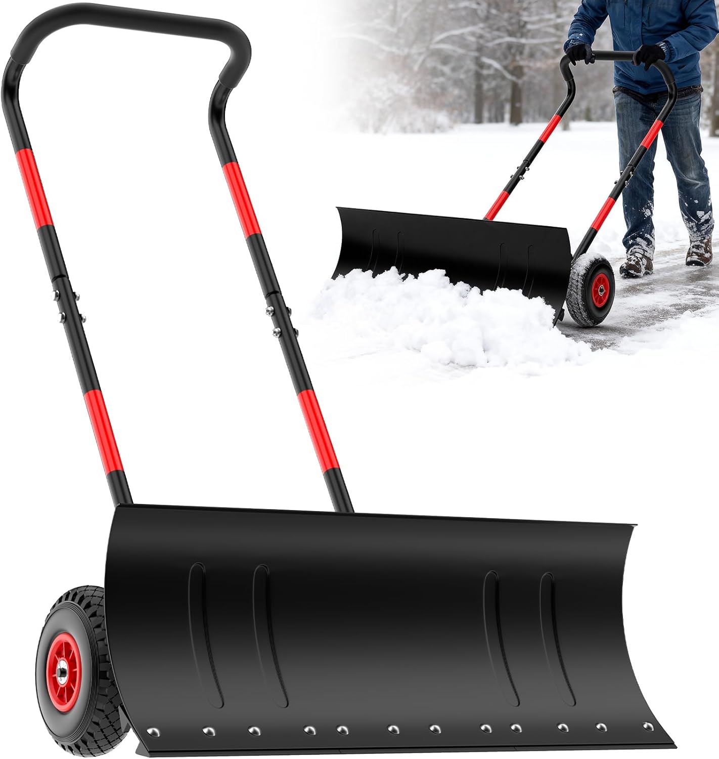 Snow Shovel with Wheels,Heavy Duty Steel Snow Shovel Pusher for Driveways,Sidewalks,3 Level Adjustable Handle and Angle Blade Push Plow