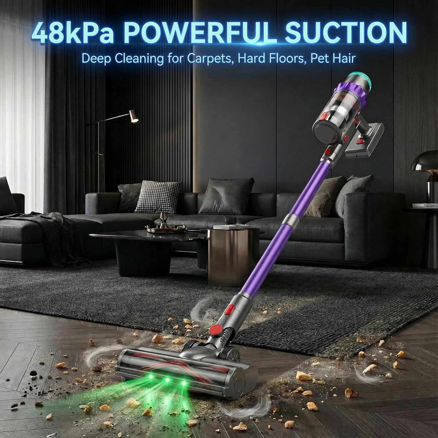 Cordless Vacuum Cleaner, 550W 48kPa 60 Mins Runtime Vacuum Cleaners for Home, Stick Vacuum with Intelligent Display, Rechargeable Battery and Anti-Tangle Brush, Perfect for Pet Hair/Carpet/Floors
