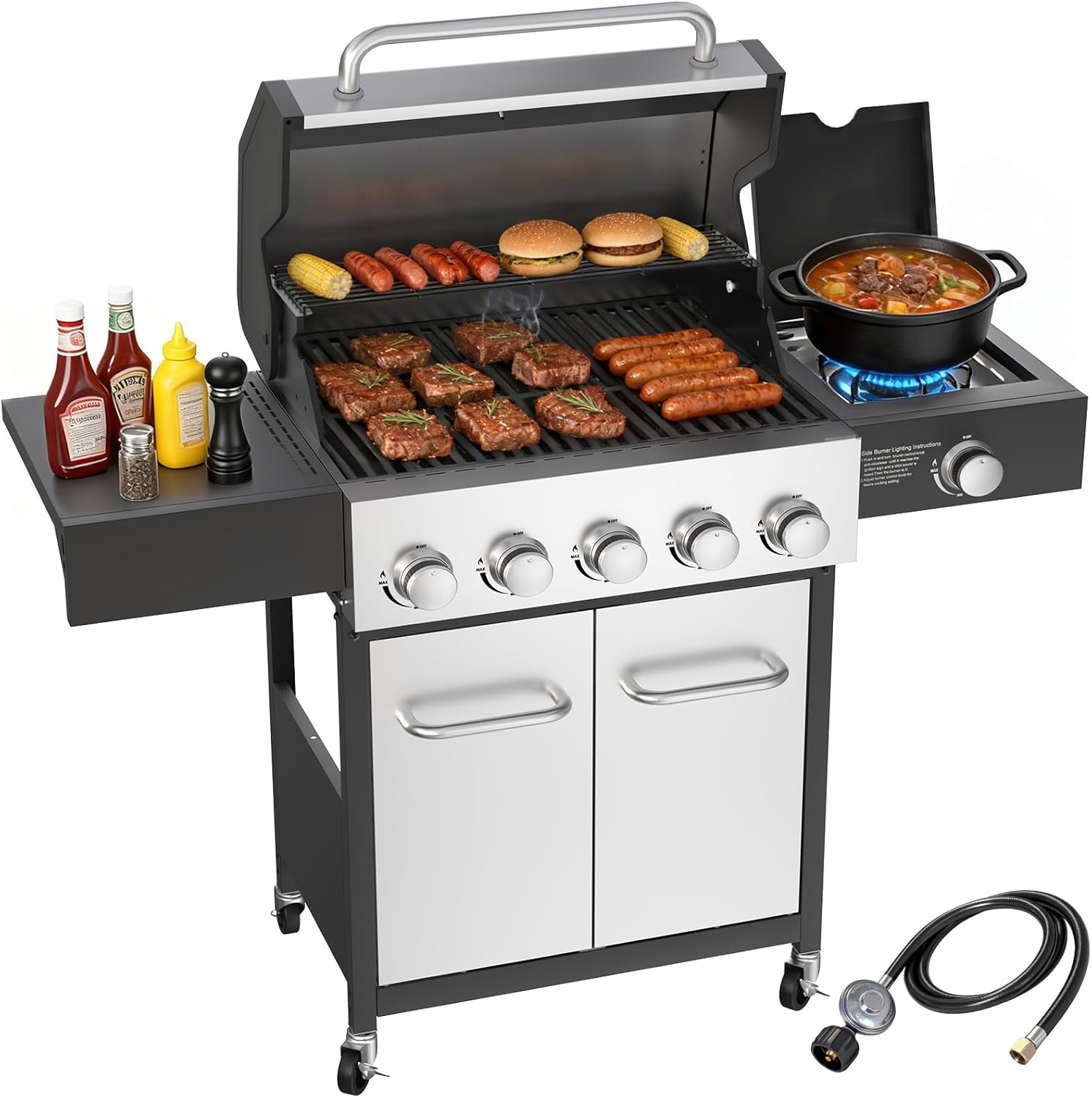 Veralune 5 Burner Propane Gas Grill with Side Burner & Porcelain-Enameled Cast Iron Grates, 68,000 BTU Output Professional Grade Stainless Steel Outdoor BBQ Grill for Backyard, Patio, Garden Cooking