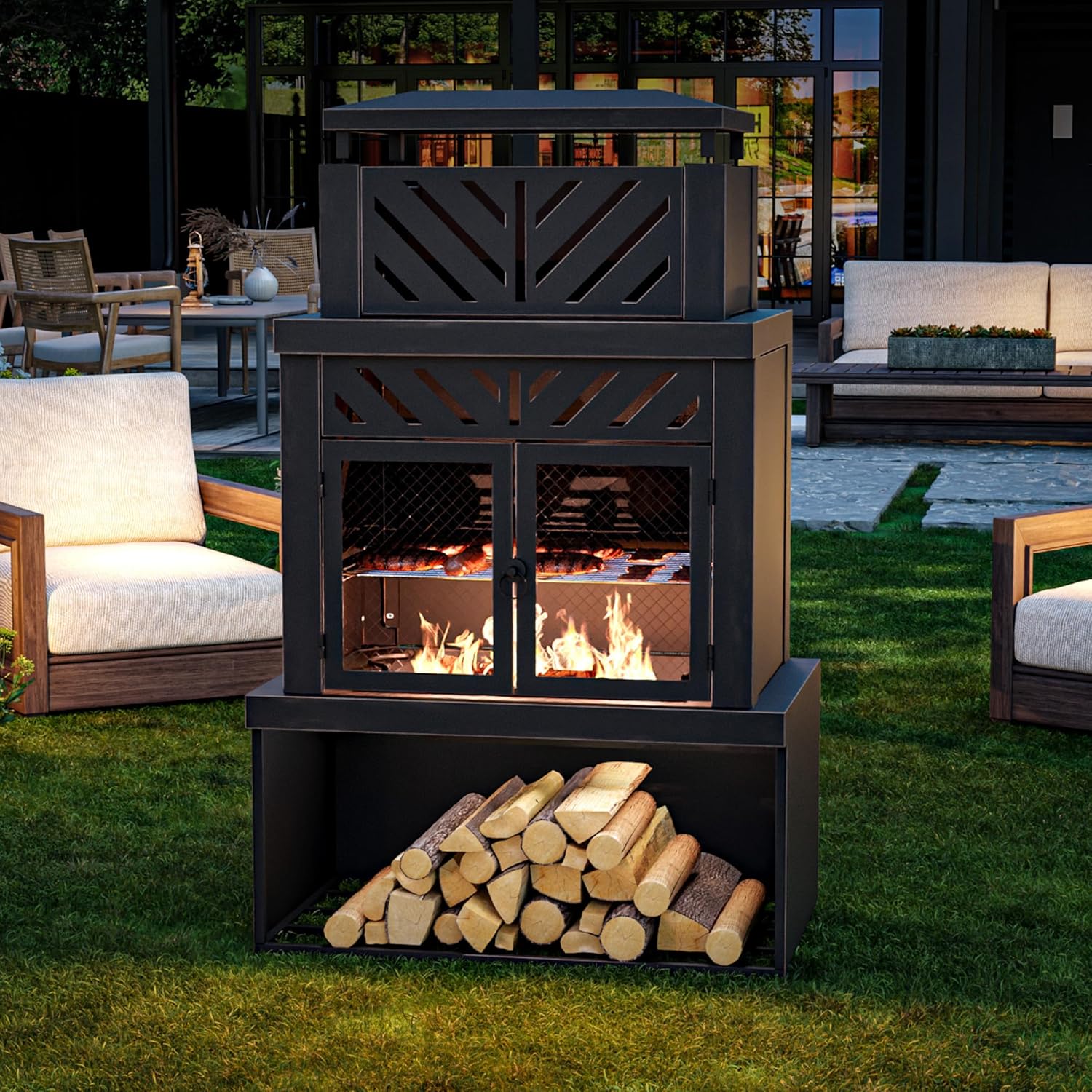 Outdoor Fireplace with Chimney and Wood Storage, Metal Wood Burning Fire Pit with Heat Resistant Gloves, Fire Poker and Grill Mesh, Outside Fireplace for Patio, Garden and Deck, Black
