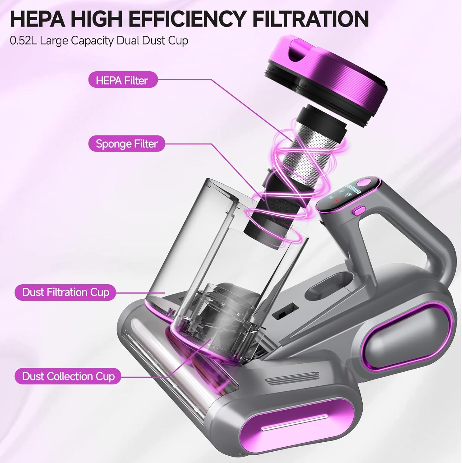 Mattress Vacuum Cleaner - 16Kpa Bed Vacuum with 253.7nm UV-C Light, 140°F Heat, Ultrasonic Tech & Hepa Filter, Portable Handheld Couch Cleaners for Pet Carpet Sofa Hair Home (Purple-Cordless)