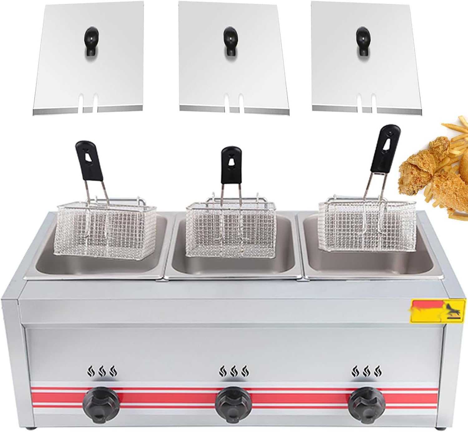 Commercial Gas Deep Fryer Countertop Stainless Steel Dual Tank Kitchen Frying Machine Removable Baskets Lid,Double Fryer for Turkey French Fries Donuts Home Kitchen Restaurant,30L